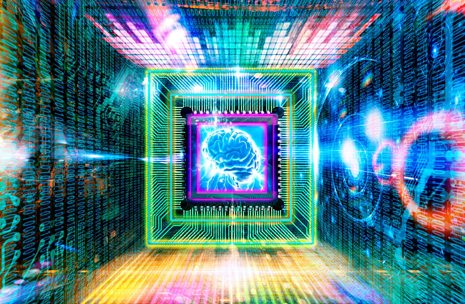 Illustrated computer chip with a brain