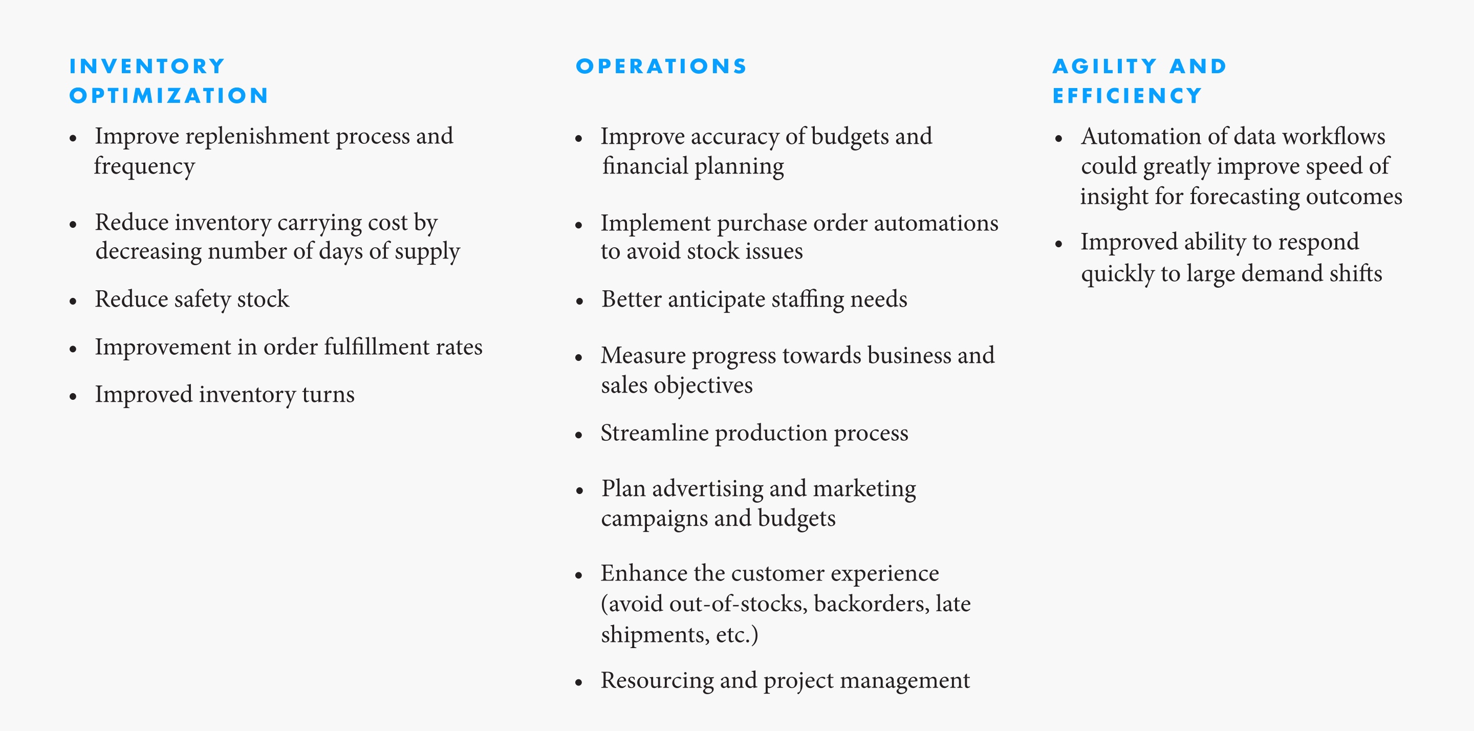 Inventory Optimization: - Improve replenishment process and frequency  - Reduce inventory carrying cost by decreasing number of days of supply  - Reduce safety stock - Improvement in order fulfillment rates - Improved inventory turns.  Operations - Improve accuracy of budgets and financial planning - Implement purchase order automations to avoid stock issues - Better anticipate staffing needs - Measure progress towards business and sales objectives - Streamline production process - Plan advertising and marketing campaigns and budgets - Enhance the customer experience (avoid out-of-stocks, backorders, late shipments, etc.) Resourcing and project management. Agility and Efficiency - Automation of data workflows could greatly improve speed to insight for forecasting outcomes - Improved ability to respond quickly to large demand shifts