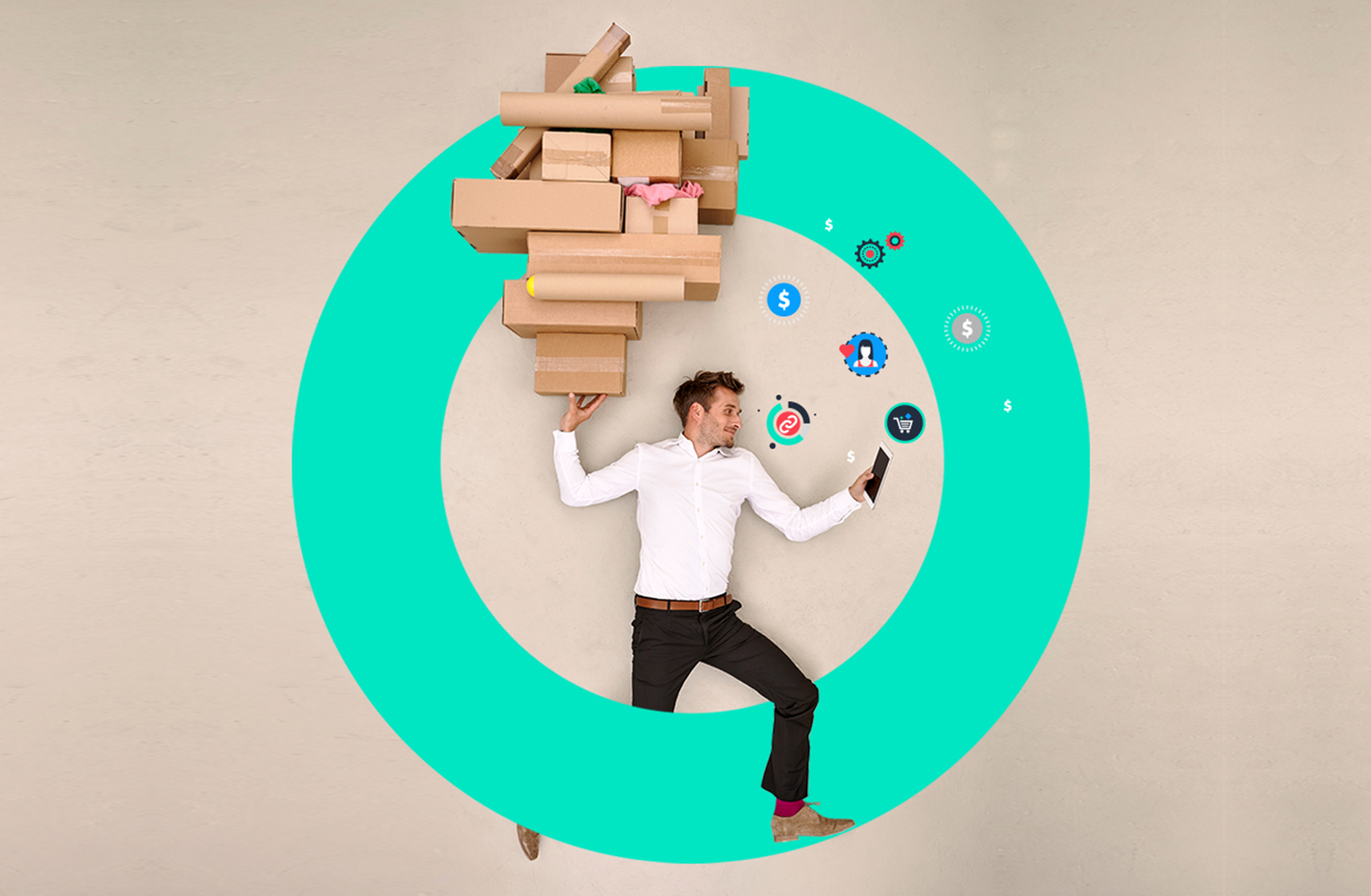 Person balancing a stack of boxes while using a mobile device.