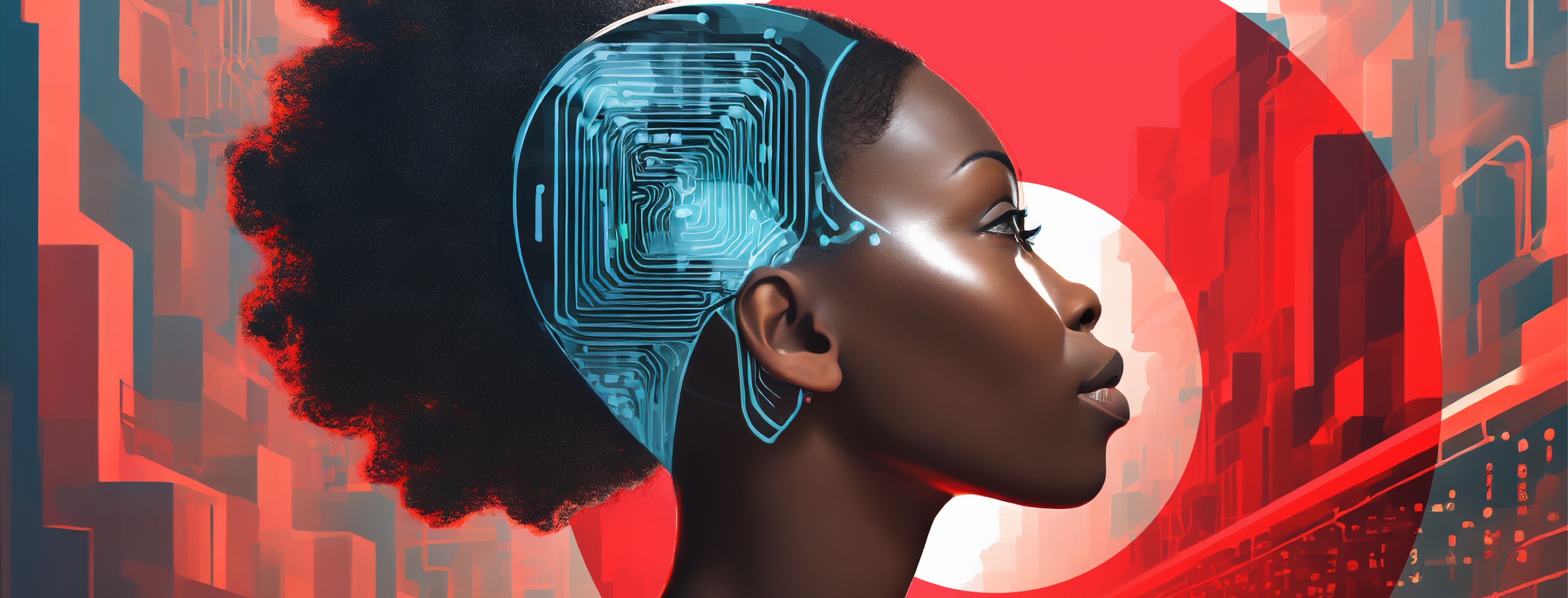 Side of woman’s head featuring Gen AI imagery; looking ahead with red background feature