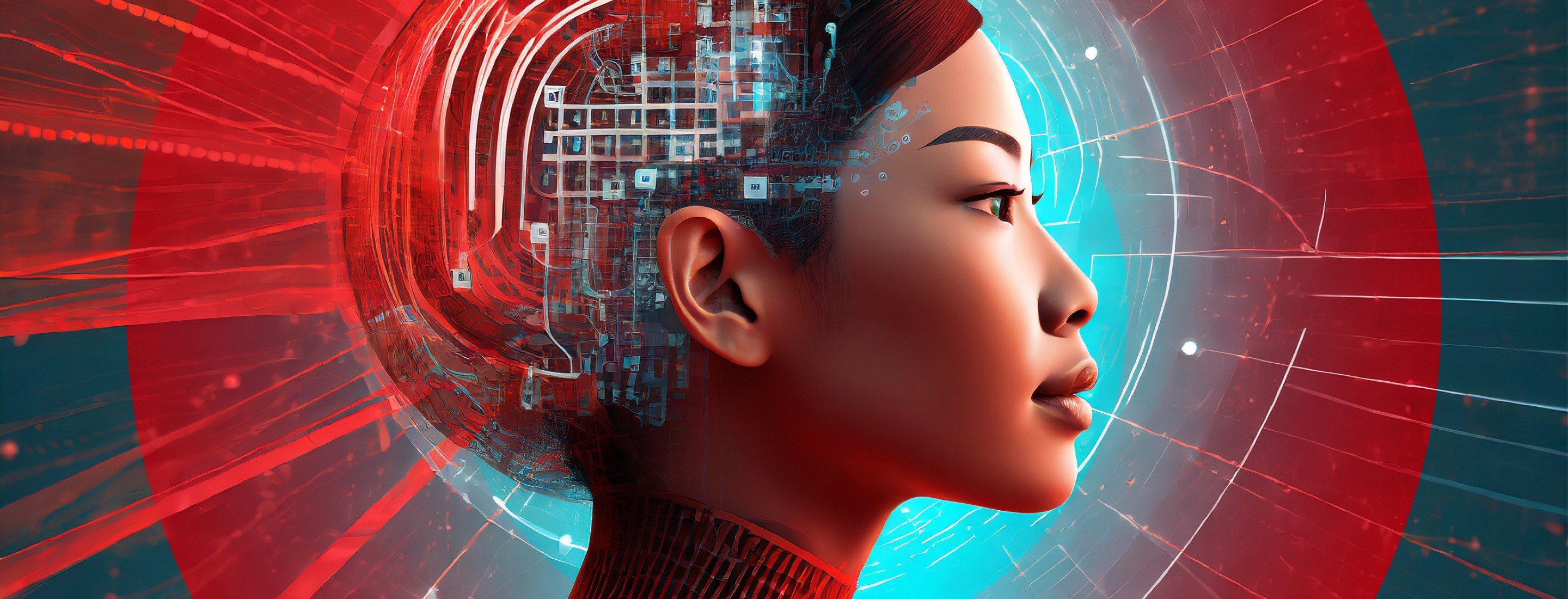 Woman in futuristic setting with circuitry superimposed on her head looks into the distance