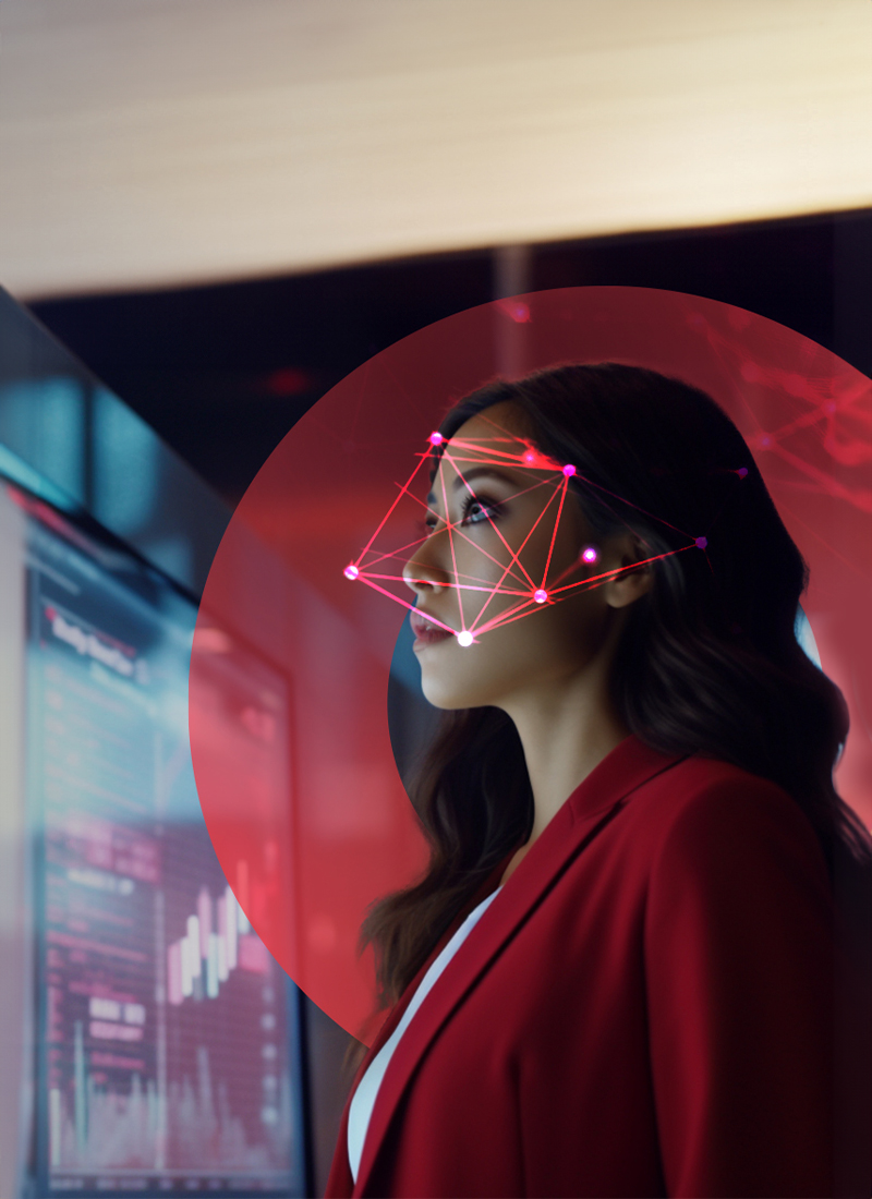 Woman facing sideways looking outward with futurist dots/connection points surrounding face