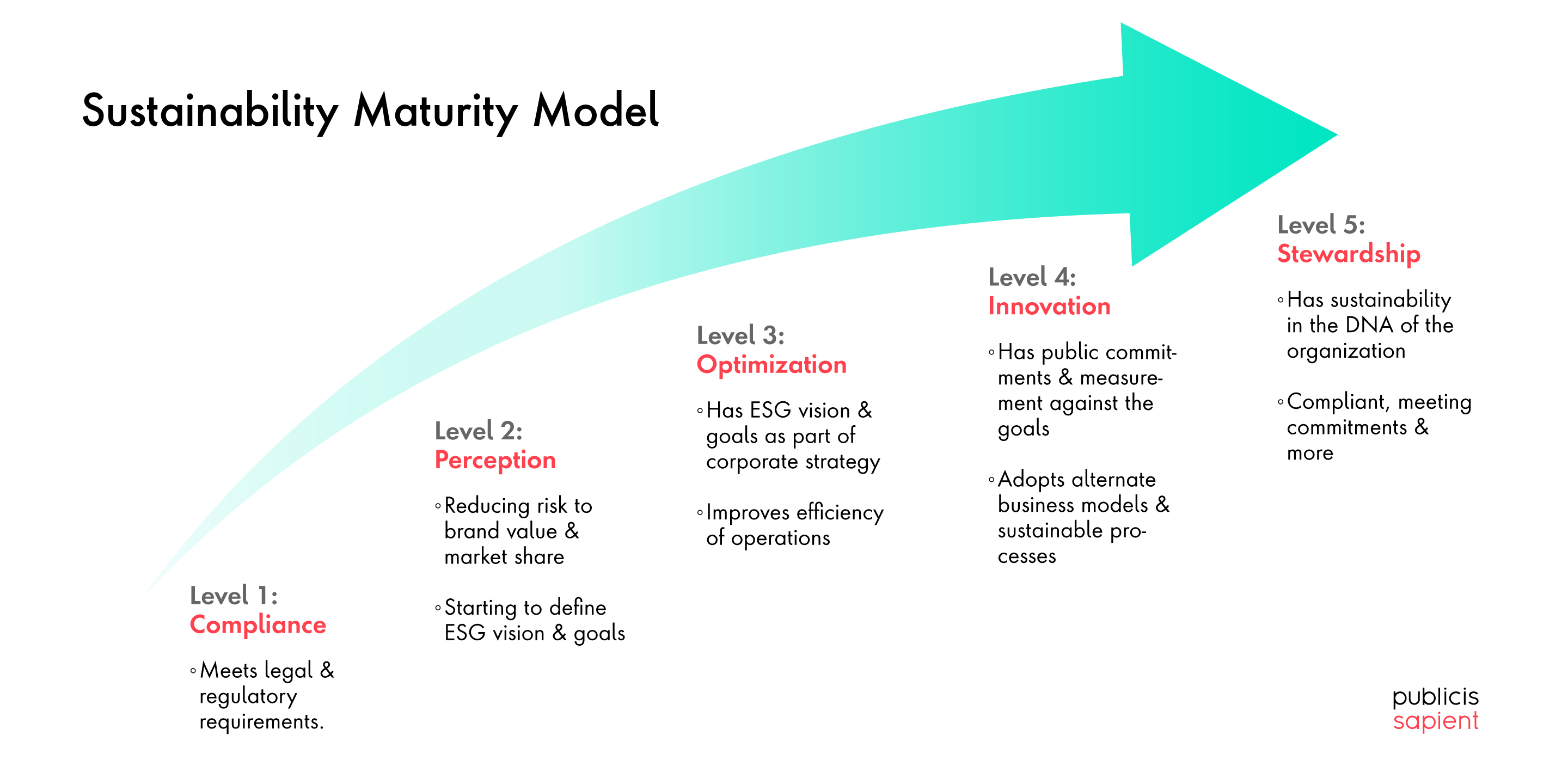 Sustainability Maturity Model illustrating the five levels of maturity.