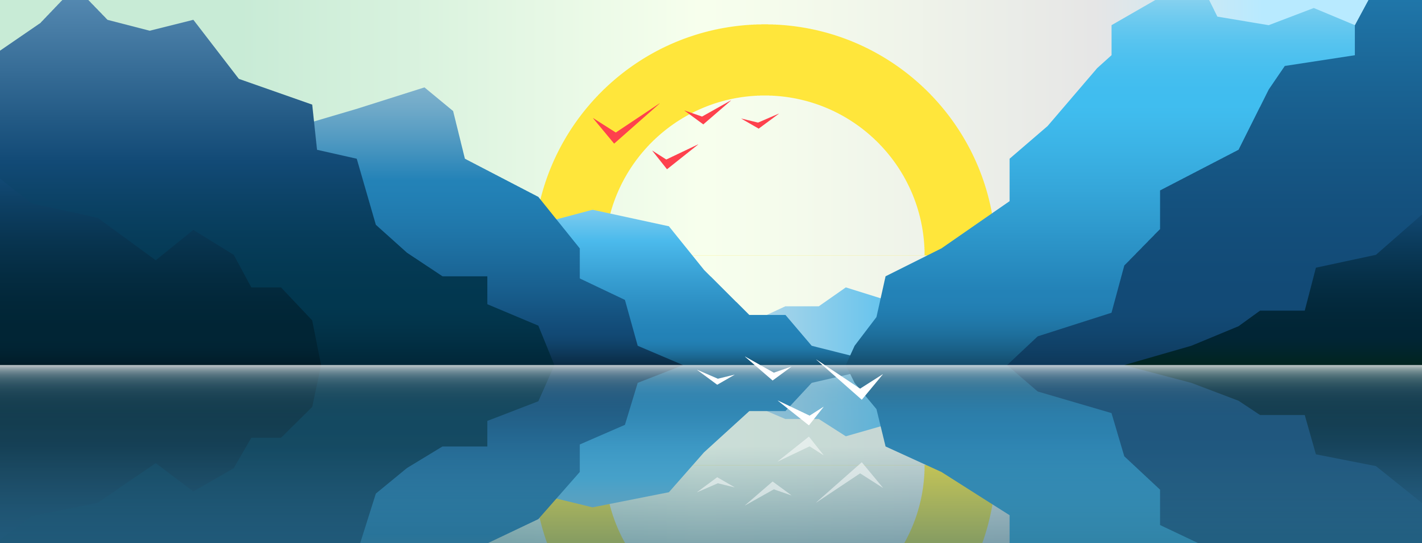 Mountain and lake illustration with birds.