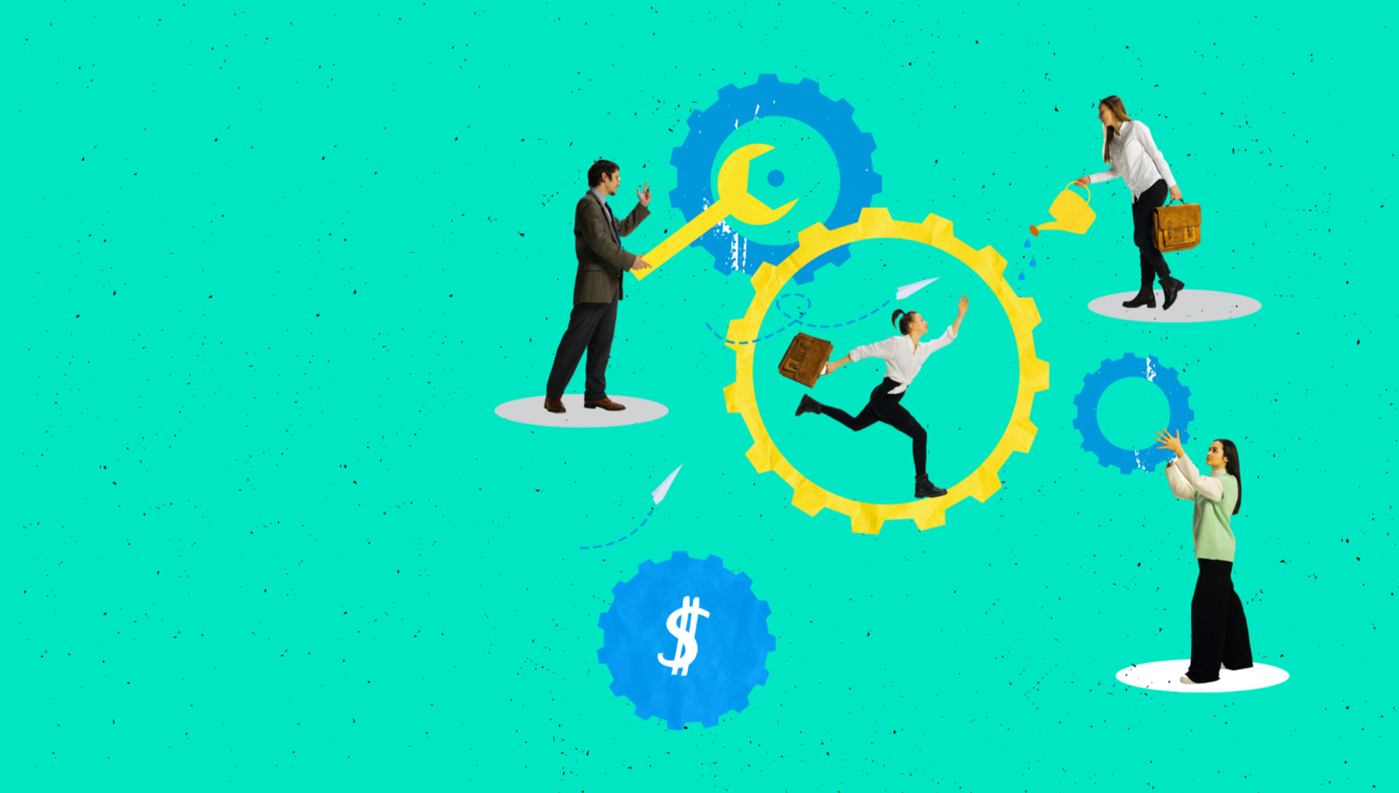 person using a wrench to tighten a nut, person watering a turning wheel with a watering can, person running forward with a laptop bag in hand, money signs