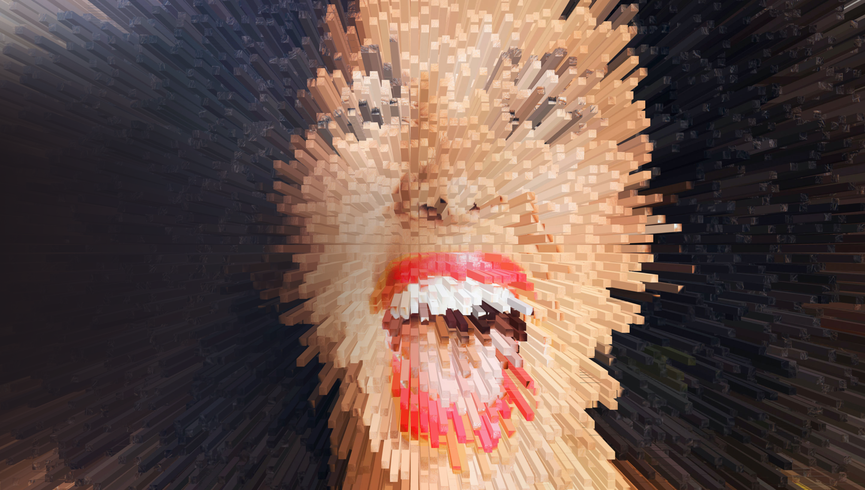 Pixelated image of a person’s face expressing movement and expansion