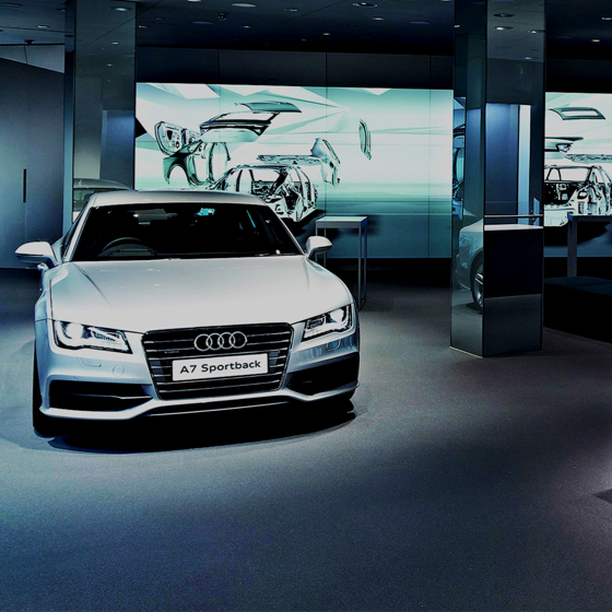 interior of Audi dealership with digital screens