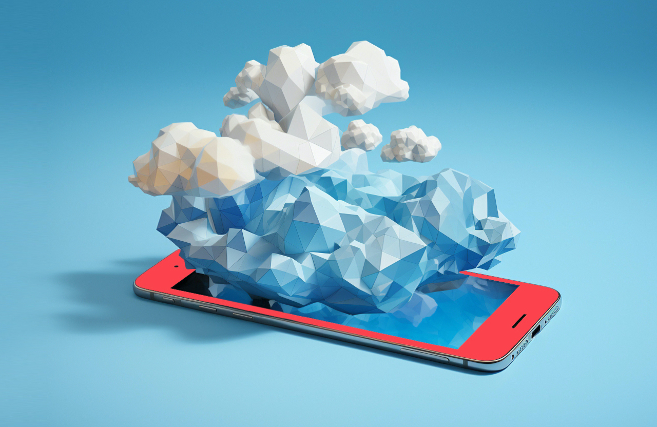 white and blue geometric-shaped clouds on top of a tablet screen