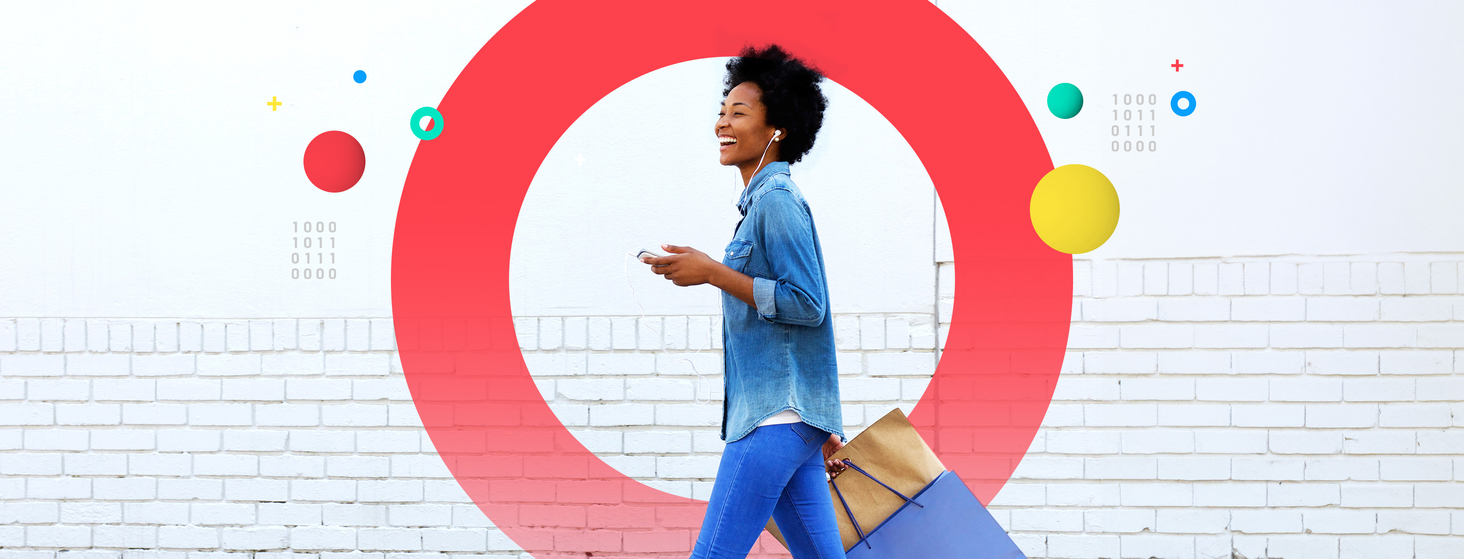 Woman walking with mobile and shopping bags surrounded by a red aperture