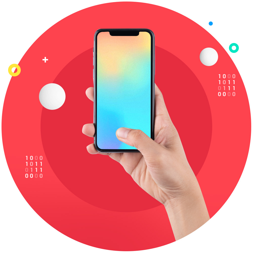 Hand holding a mobile device over a red aperture background