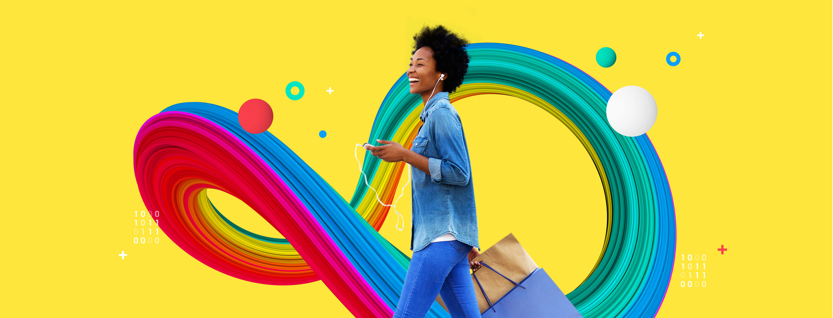 Woman walking with mobile and shopping bags over a brightly colored background