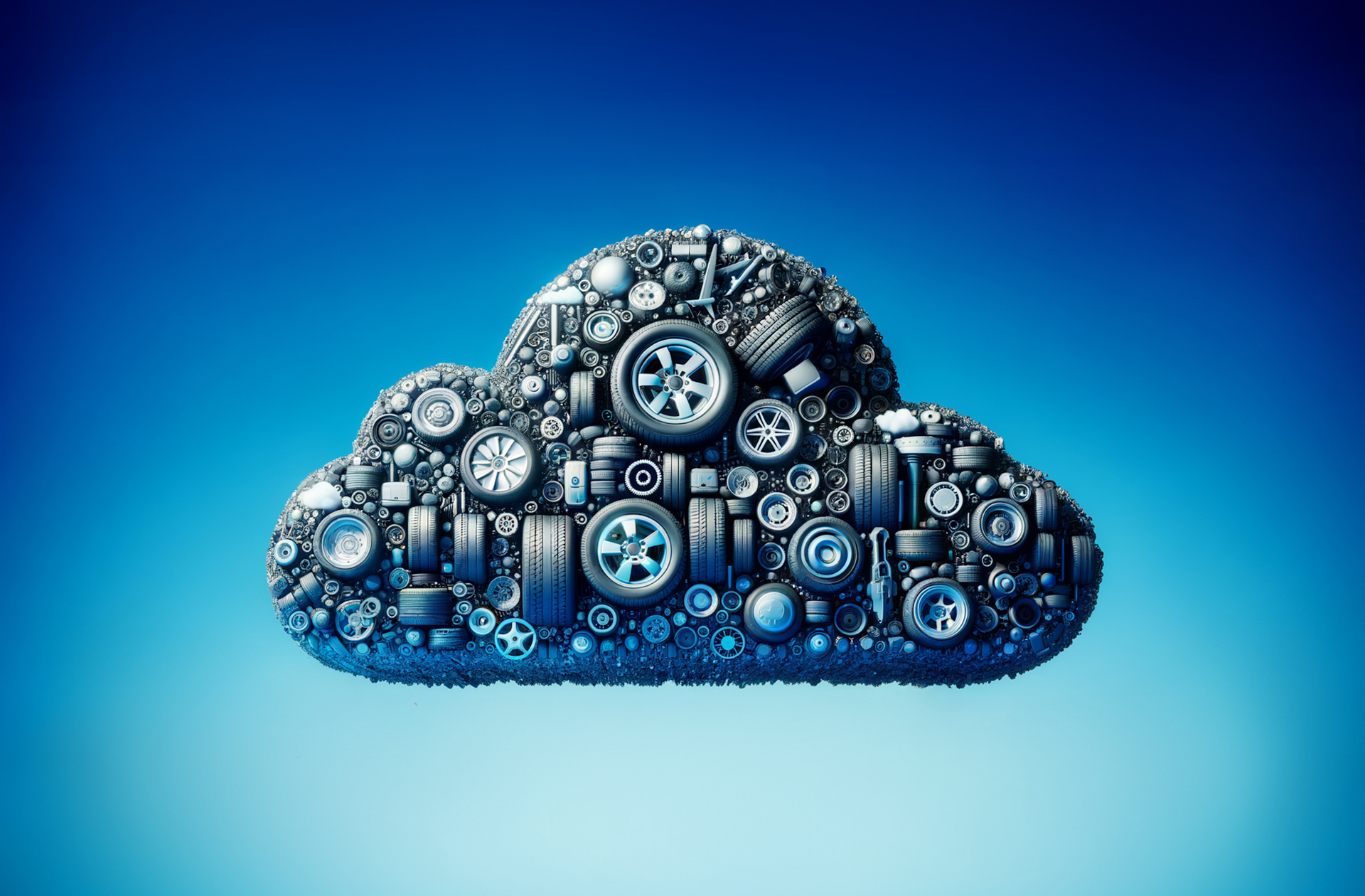 Dozens of tires in different sizes form a floating cloud icon that represents cloud computing.
