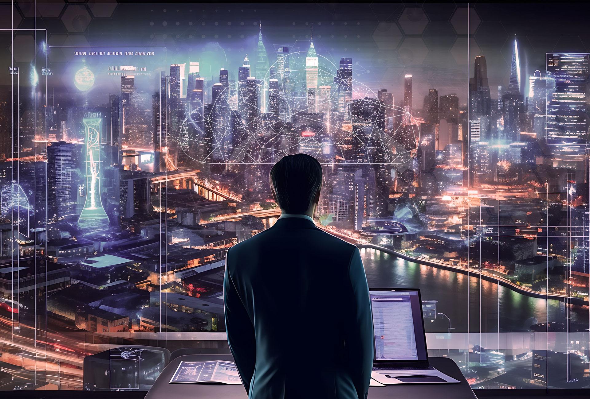 A businessman stands in front of his office window, gazing upon a futuristic city nightscape.