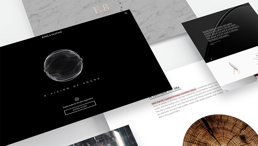Screenshot of Bang and Olufsen webshop with sleek black and white imagery of sound waves