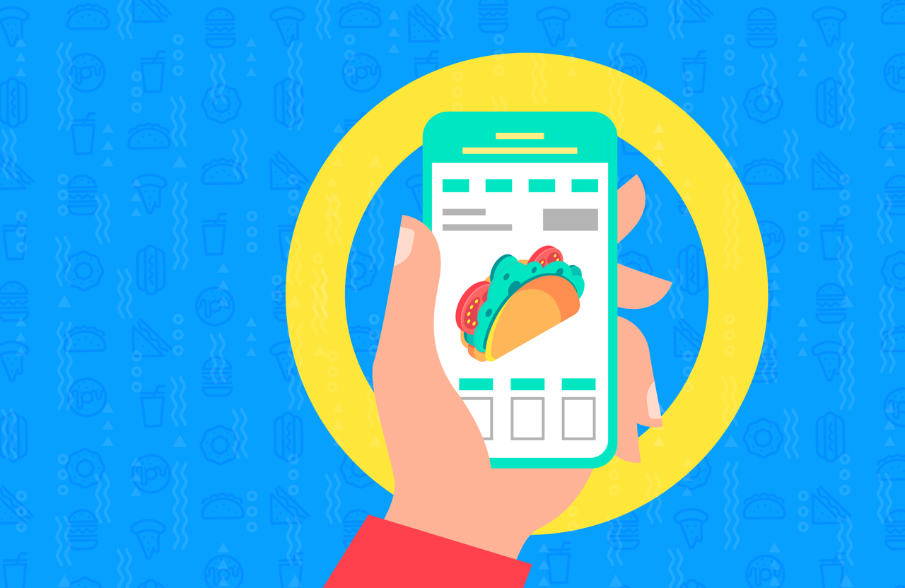illustrated hand holding mobile device with food order