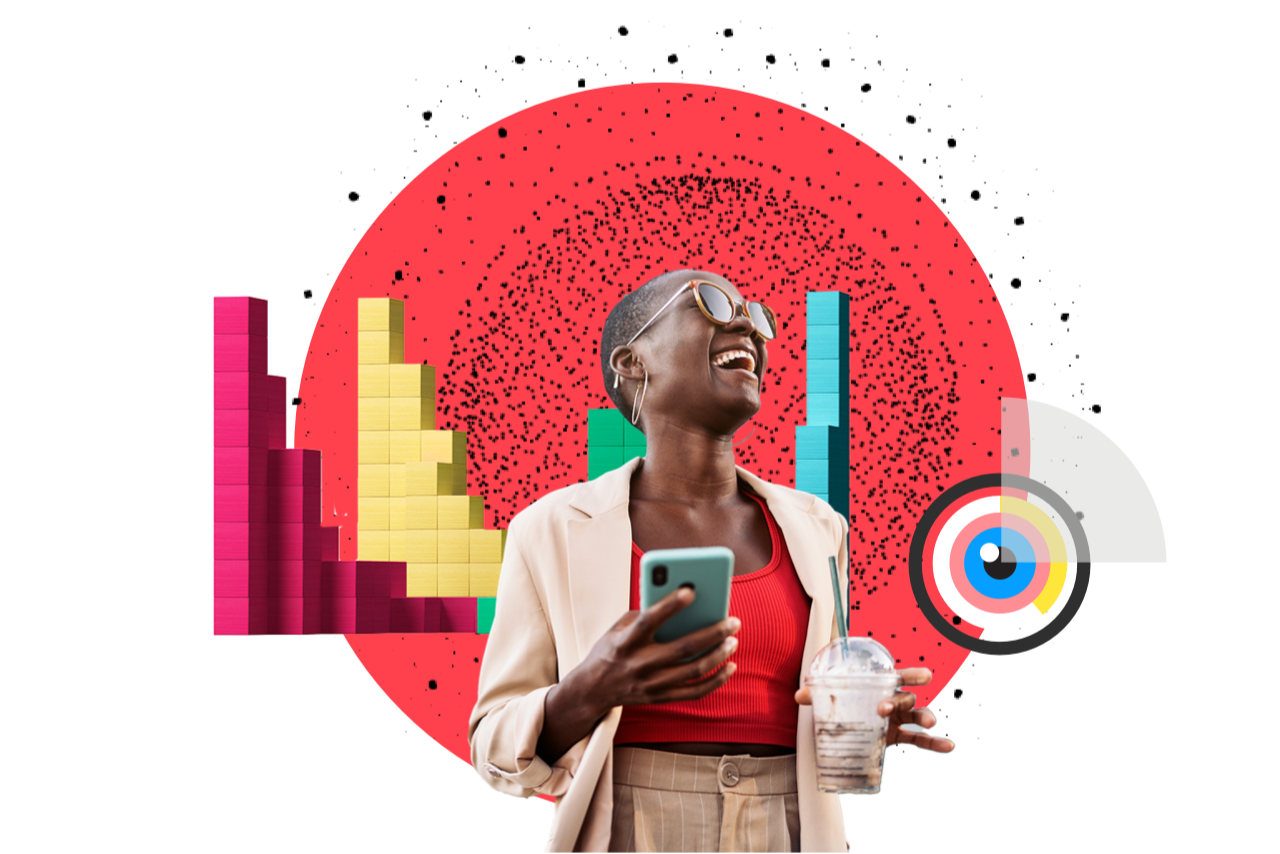 collage of smiling person holding smart phone surrounded by graphs and a symbolic human eye