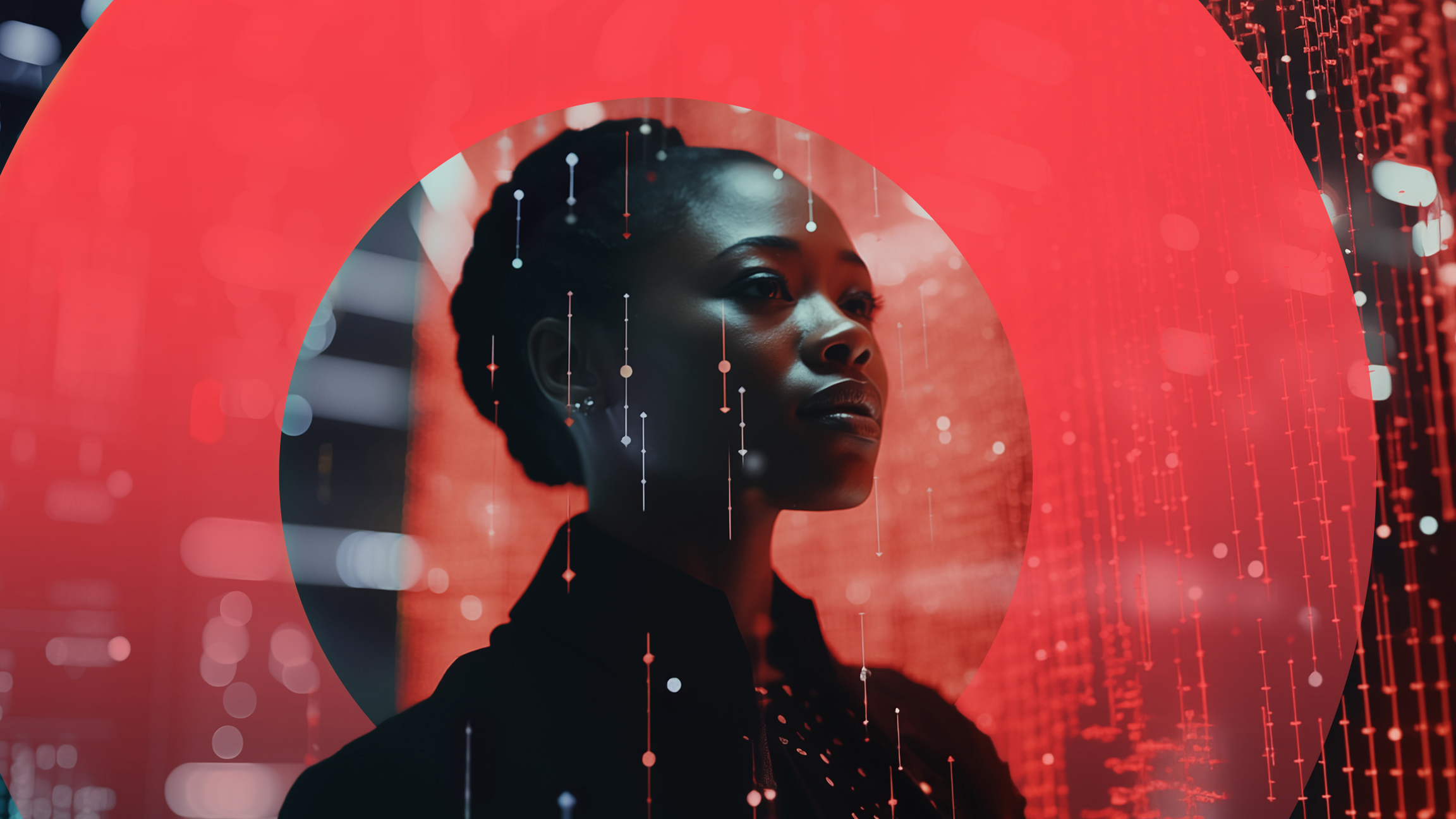 woman looking forward surrounded by string lights of data