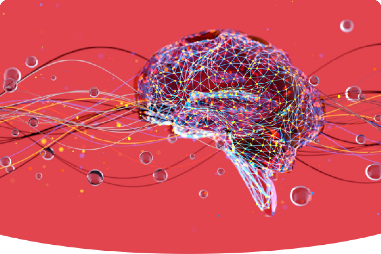 Abstract representation of a brain with a network of colorful lines and nodes on a red background, with floating translucent spheres.