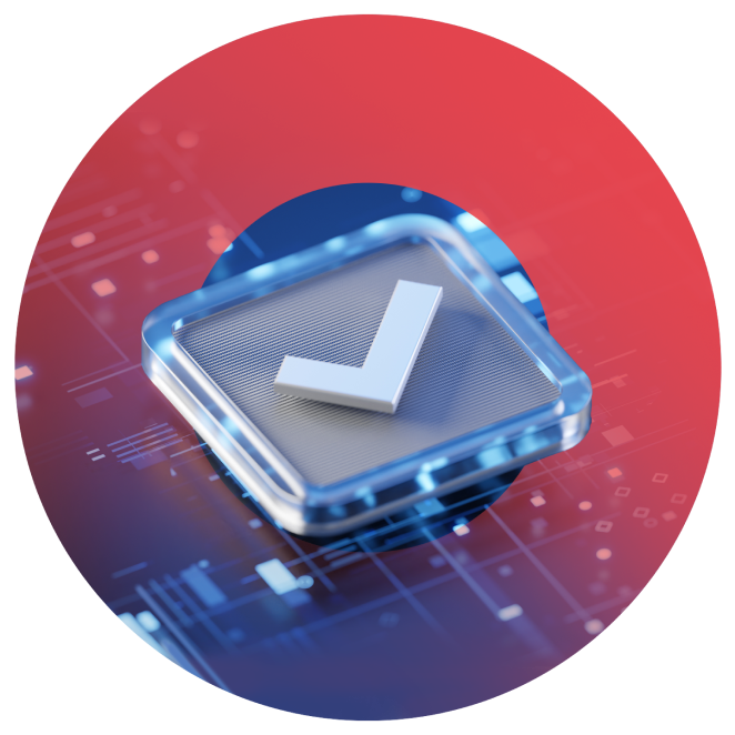 A circular illustration of a microchip with a checkmark on top