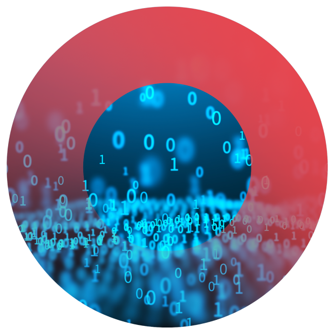 A circular illustration showing abstract landscape built out of binary ones and zeros