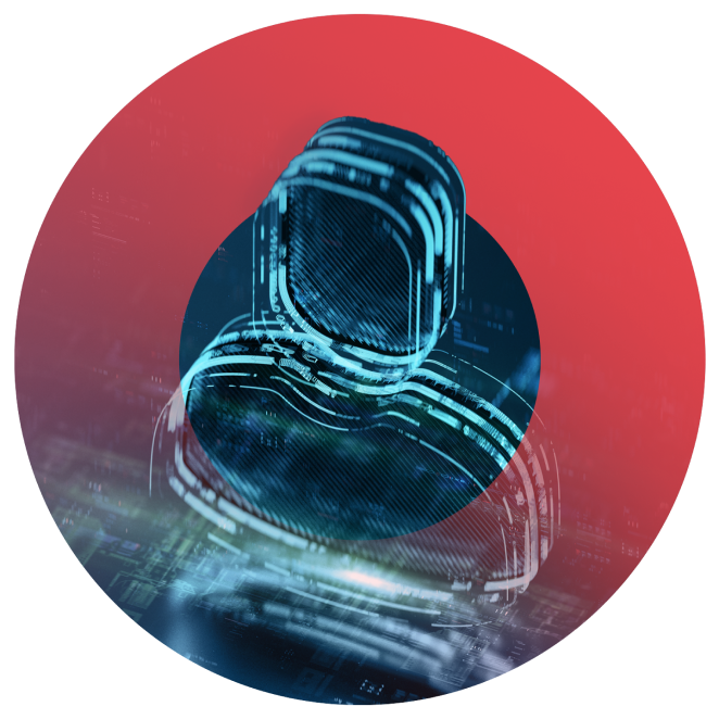 A circular illustration showing a digital silhouette of a person atop of a microchip