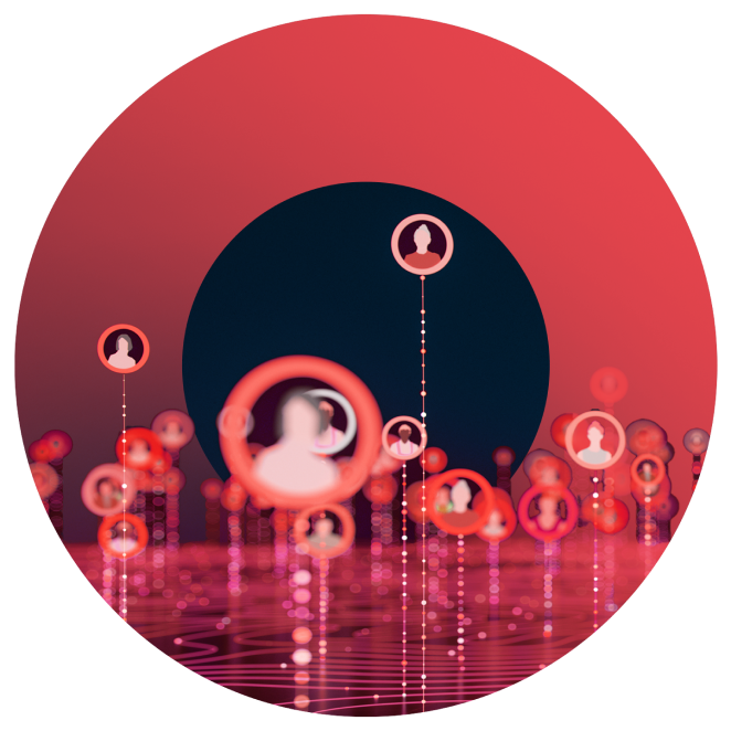 A circular illustration showing numerous avatar silhouettes in soft focus, all connected to a microchip