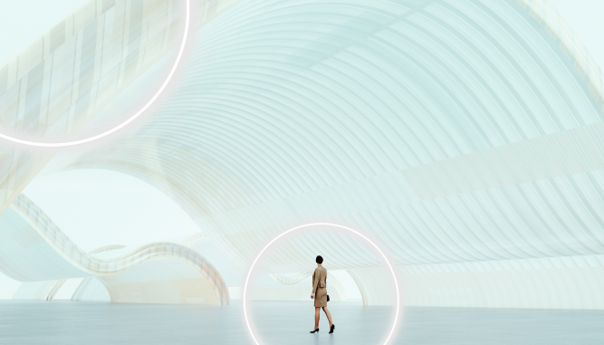 Businesswoman walking against an abstract white wavy background