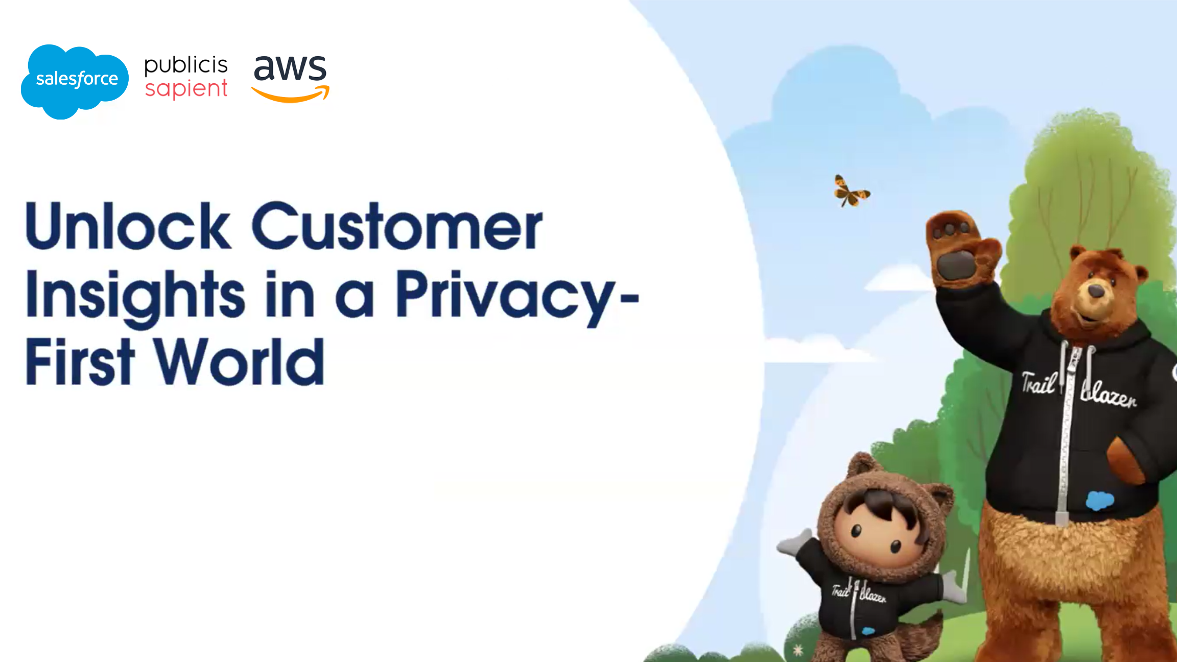 Salesforce characters, Codey the bear waving and Astro Nomical in front in a forest and clear blue skies, with the title of the webinar stretched on the left hand side featuring Salesforce, Publicis Sapient and AWS logos at the top.