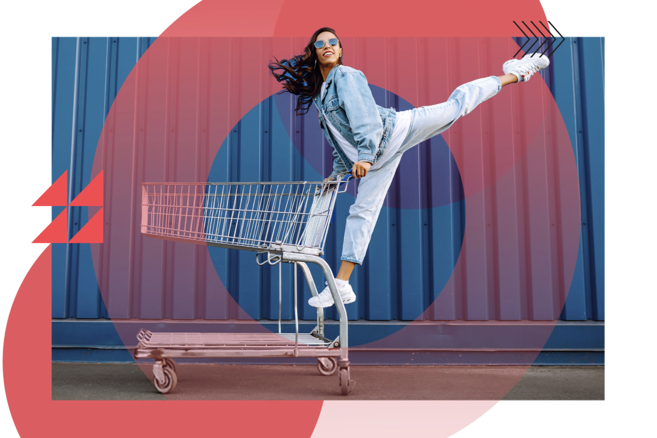Woman pushing shopping cart on one leg