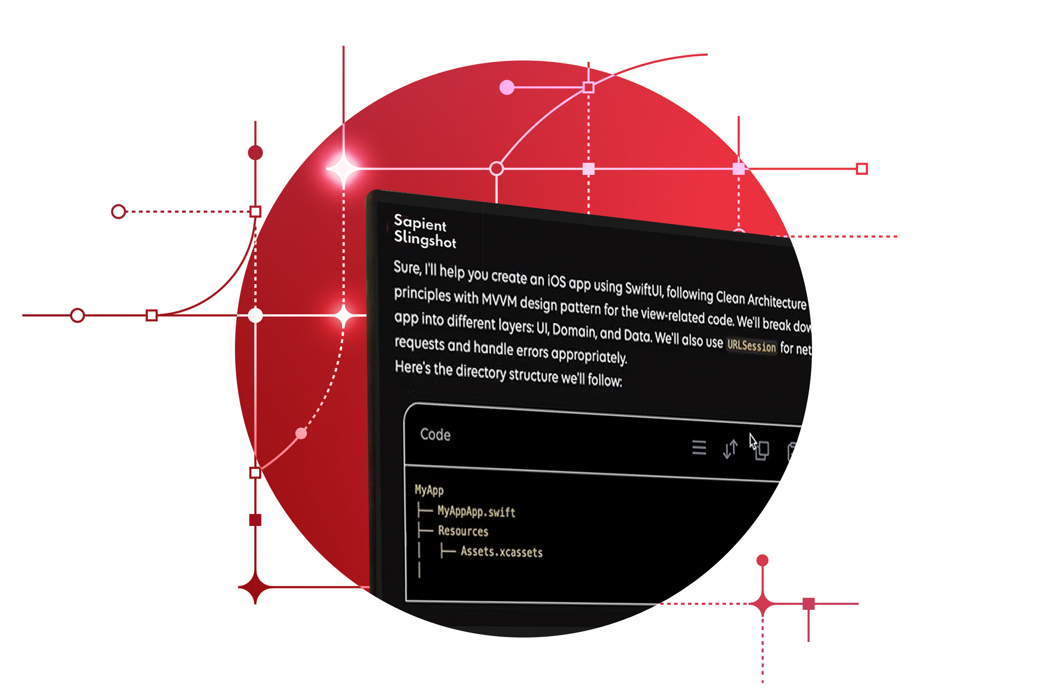 A screen with text demonstrates the power of Sapient Slingshot by showing the AI solution in action.