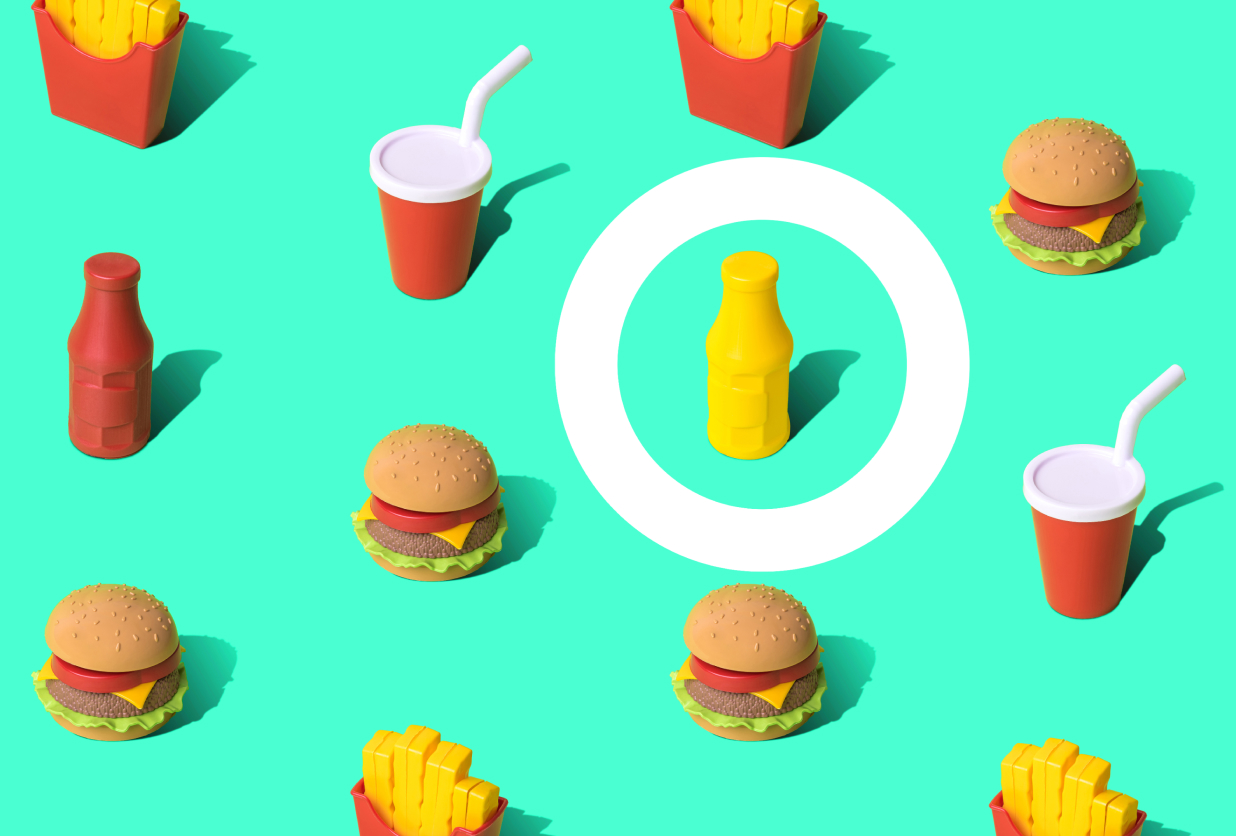 images of cheeseburgers and beverages with image of milk bottle within aperture