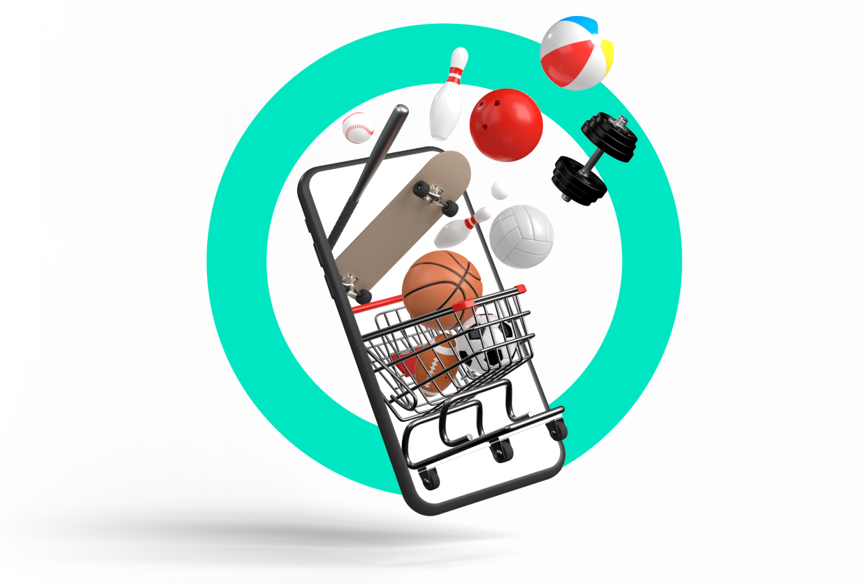 image of cell phone with shopping cart of sports equipment
