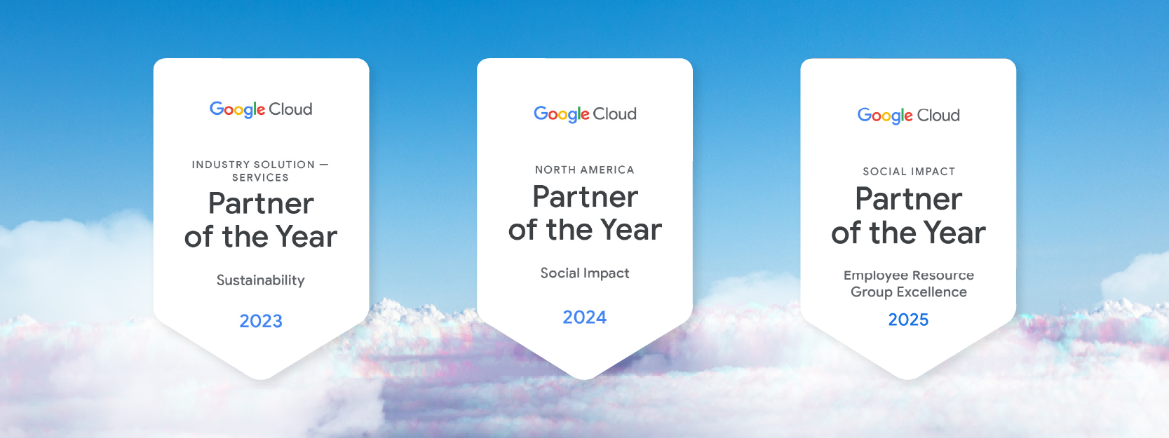 3 text images promoting Partner of the Year 2023, 2024 and 2025, against a blue sky and clouds.