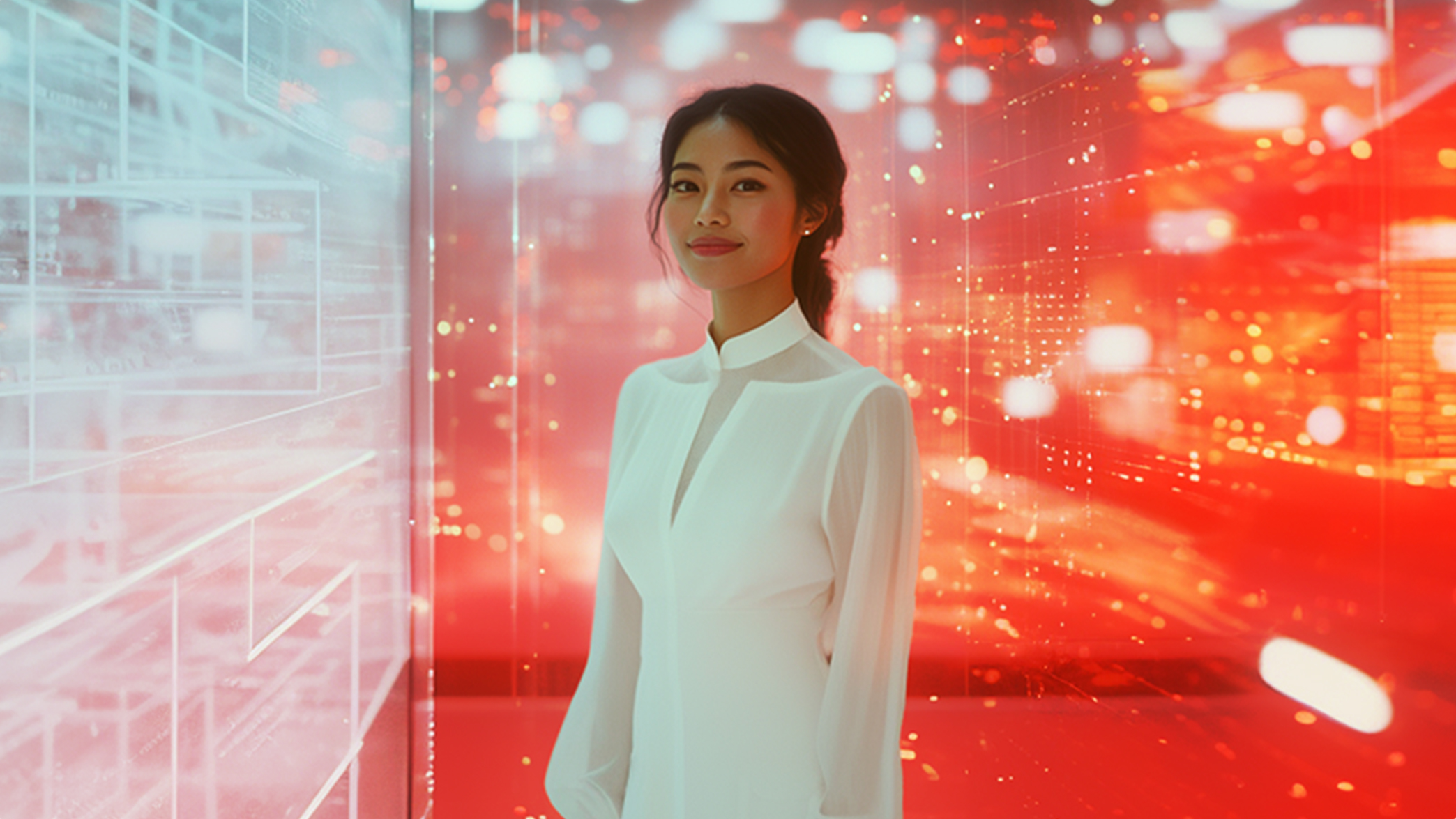 A young woman looking at the camera smiling while dressed in a slightly futuristic looking dress, surrounded by digital speed lines, white to orange gradient background colors