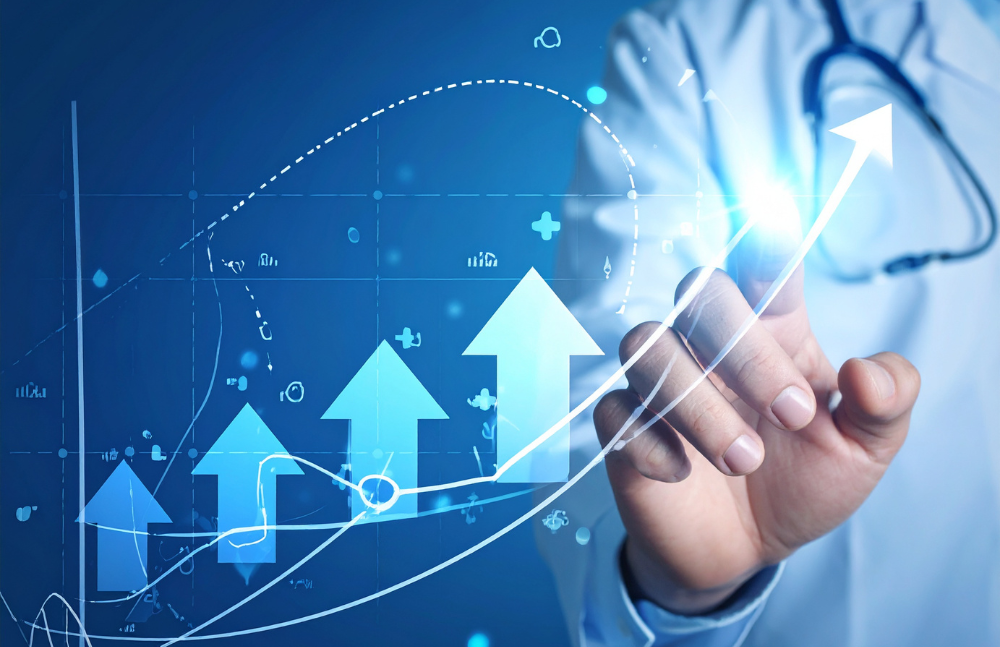 healthcare professional using tapping the screen with backdrop of digital graph interface