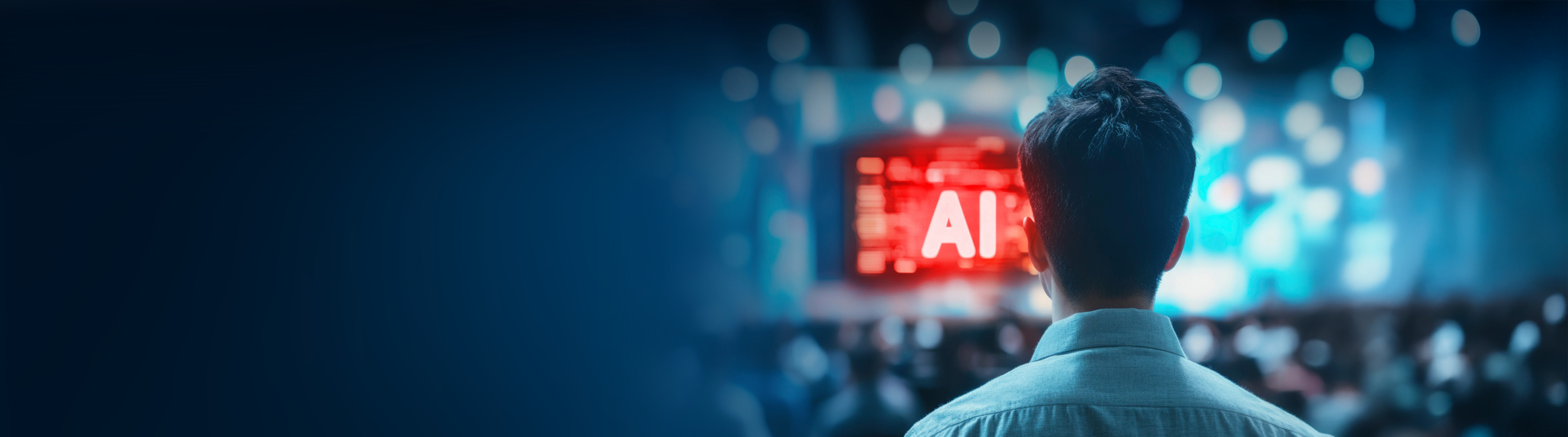 Back of man’s head looking at sign displaying “AI”