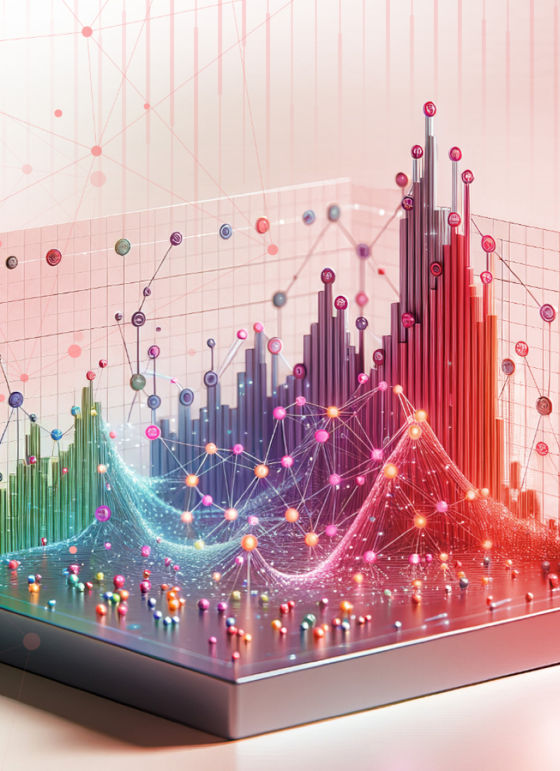 3D image of graph chart with green, blue and red bars showing multiple data points
