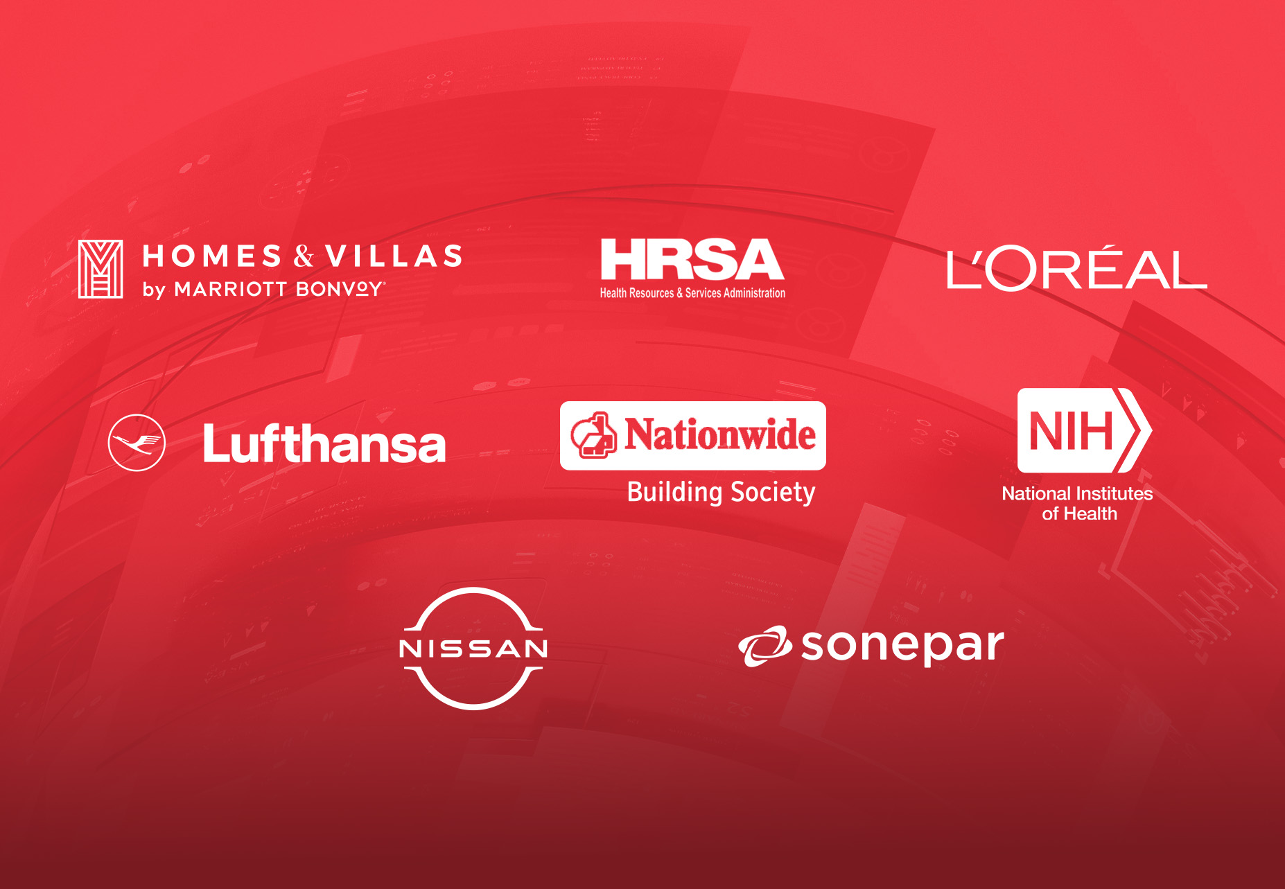 Marriott, HRSA, L’Oreal, Lufthansa, Nationwide, NIH, Nissan and Sonepar logos