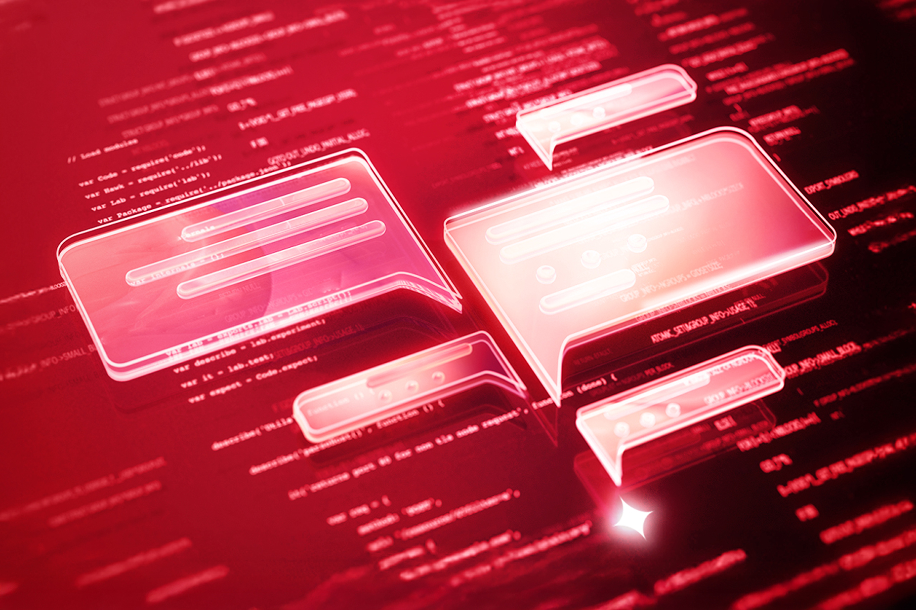 A screen filled with lines of code and alerts, overlaid with chat bubbles. The intention is to show how AI-Assisted Intelligent Alerting can handle the overwhelming nature of cloud incidents