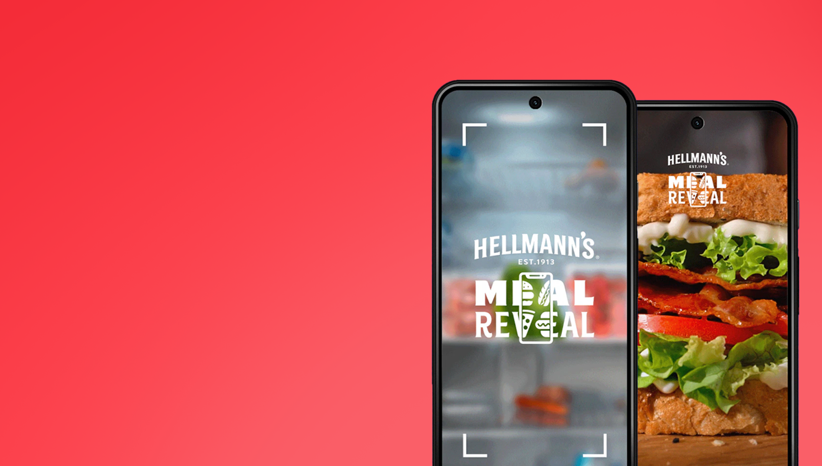 Pictured are multiple screen shot examples of Meal Reveal, a Hellmann’s AI-enabled app that scans refrigerators and recommends recipes based on available ingredients.