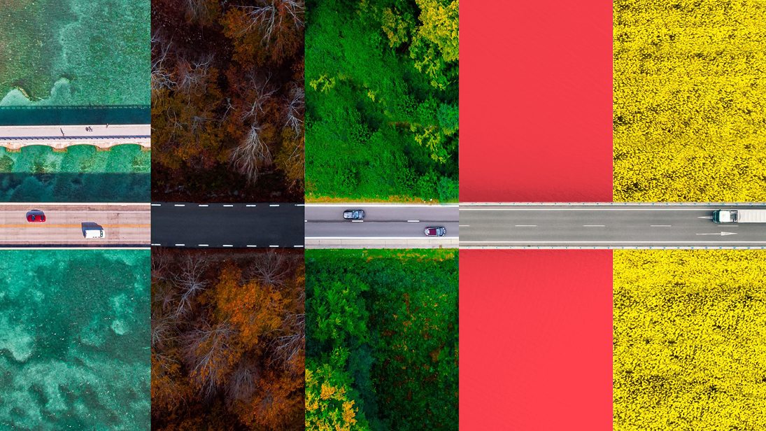 vehicles on road linking different environments