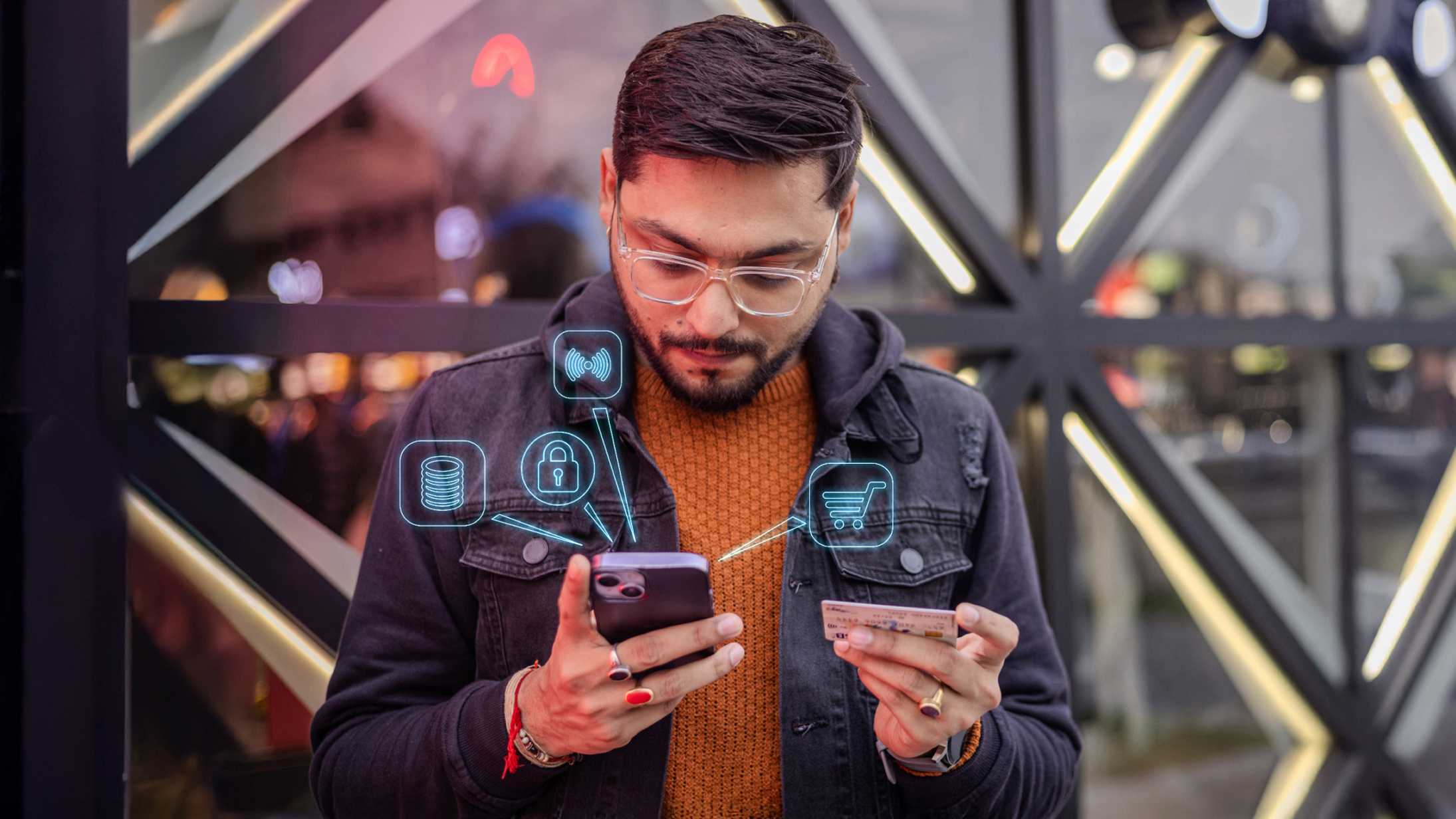 man completing purchase on mobile phone