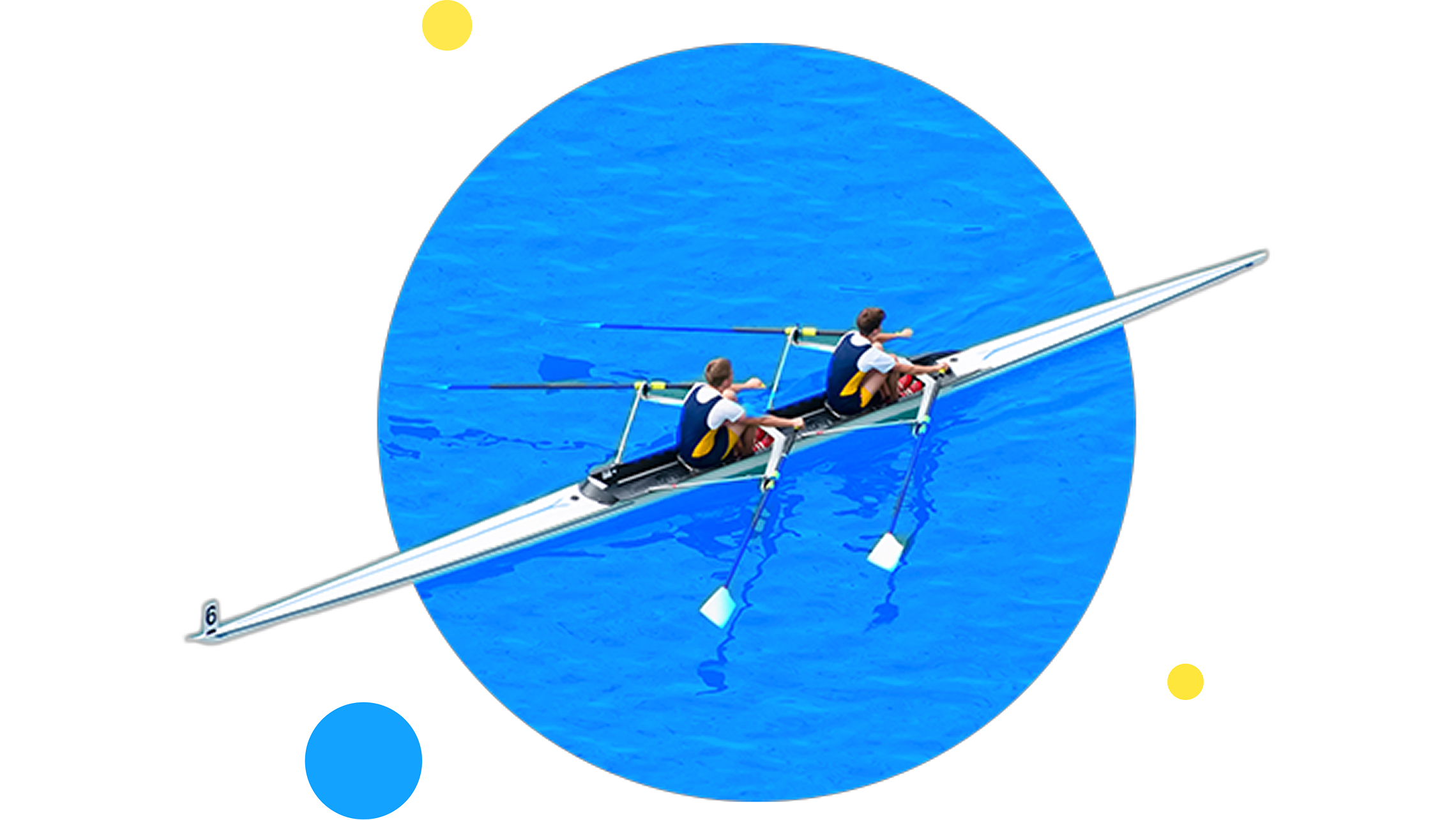 A circle with a racing row boat inside of it. The boat has two crew members rowing. The boat is surrounded by blue water.