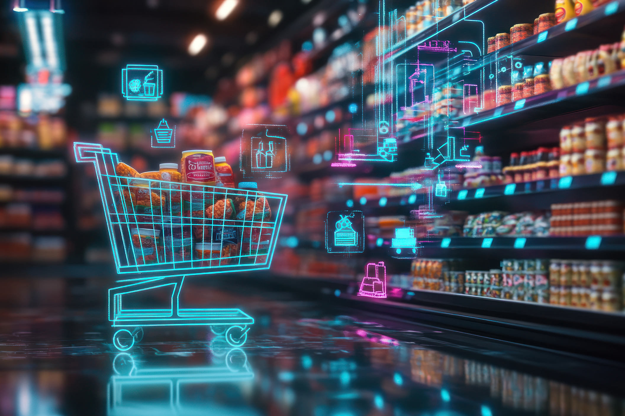 Shopping cart in a supermarket surrounded by digital icons representing various products and services.