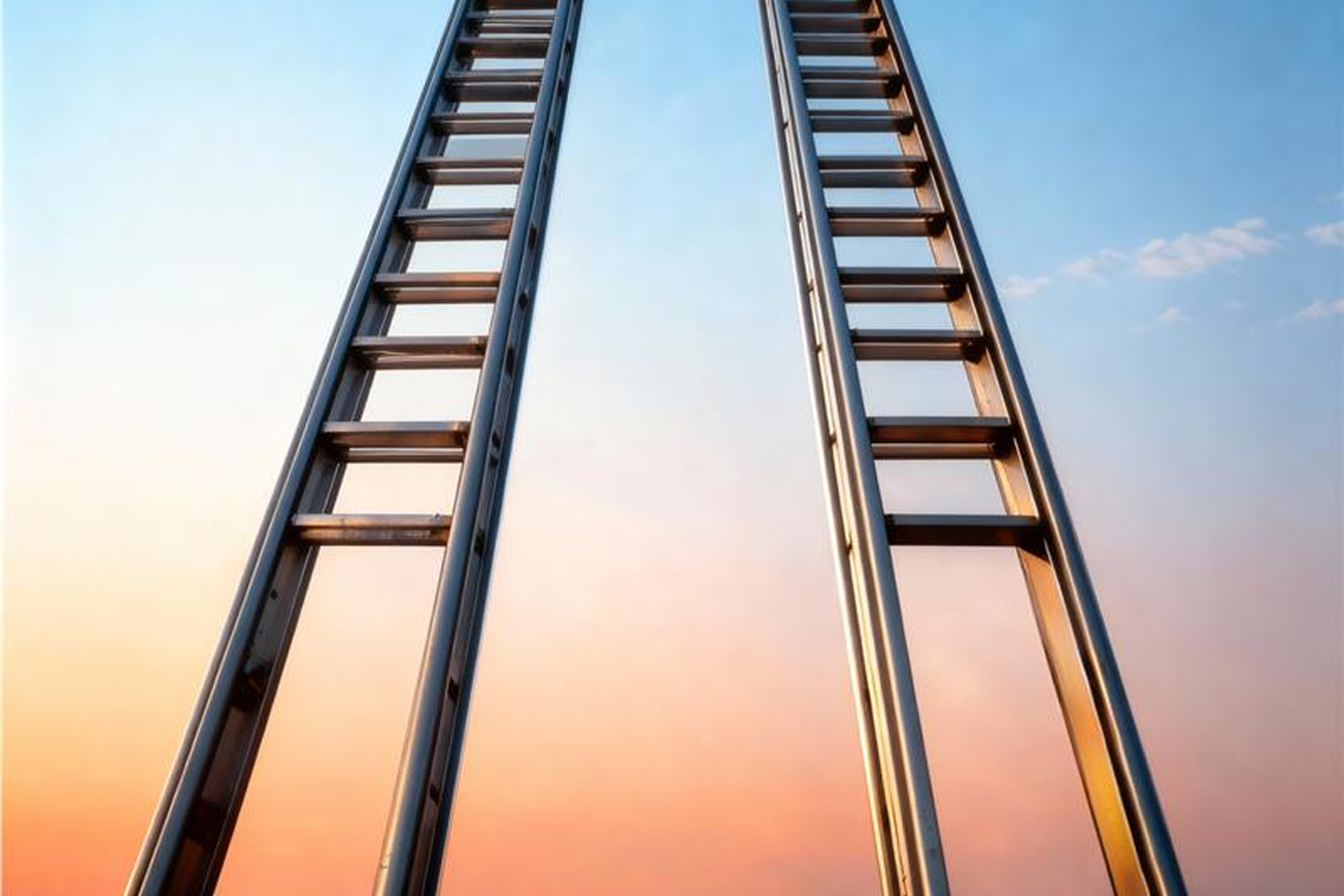 Two ladders are positioned side by side facing upward against the sky.