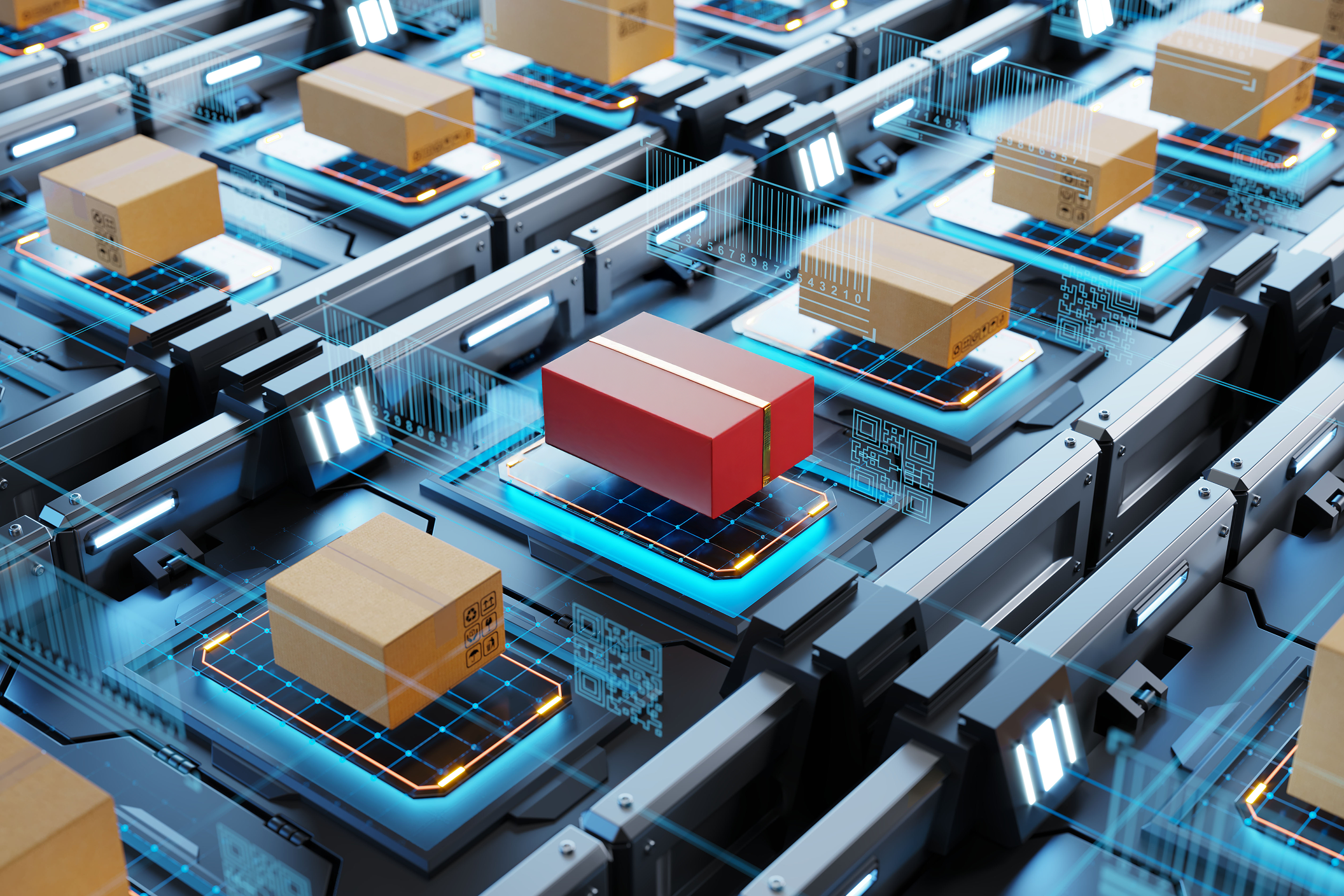 Numerous boxes are stacked and being transported on a conveyor belt in a distribution center.