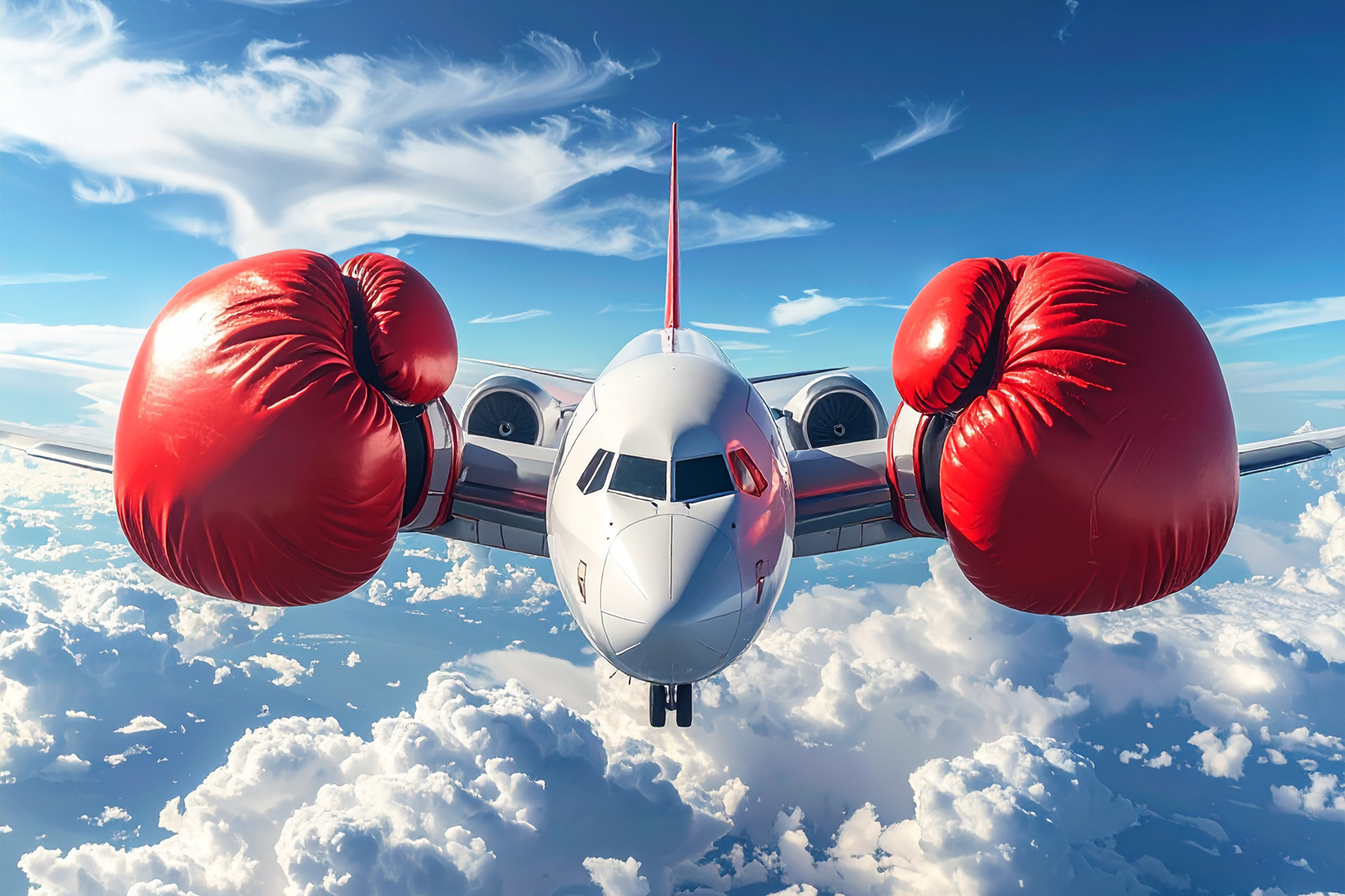 A plane adorned with oversized boxing gloves, symbolizing a playful or competitive theme in aviation.
