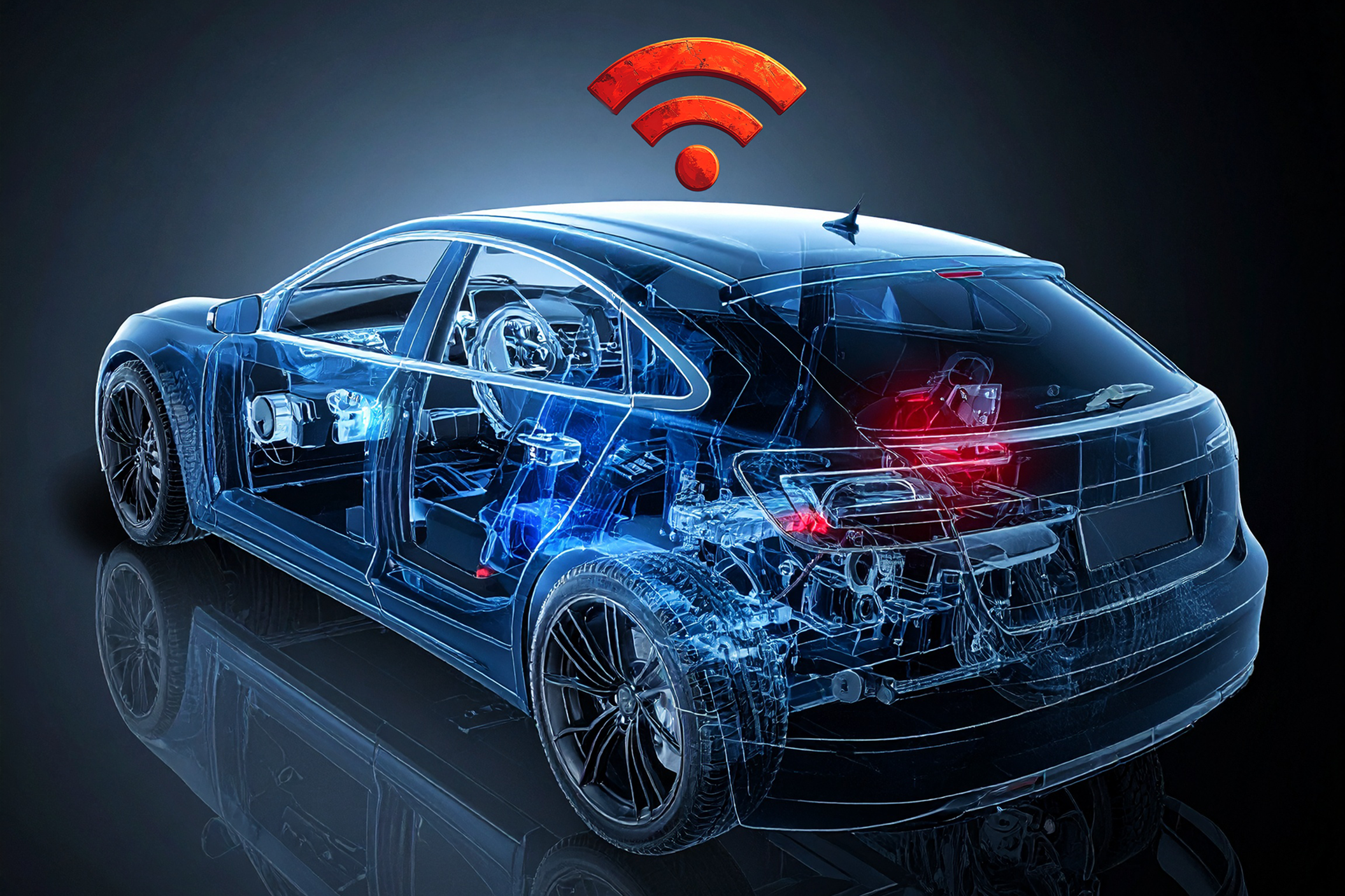 A futuristic car with digital interfaces, symbolizing the advancement of connected vehicle technology.