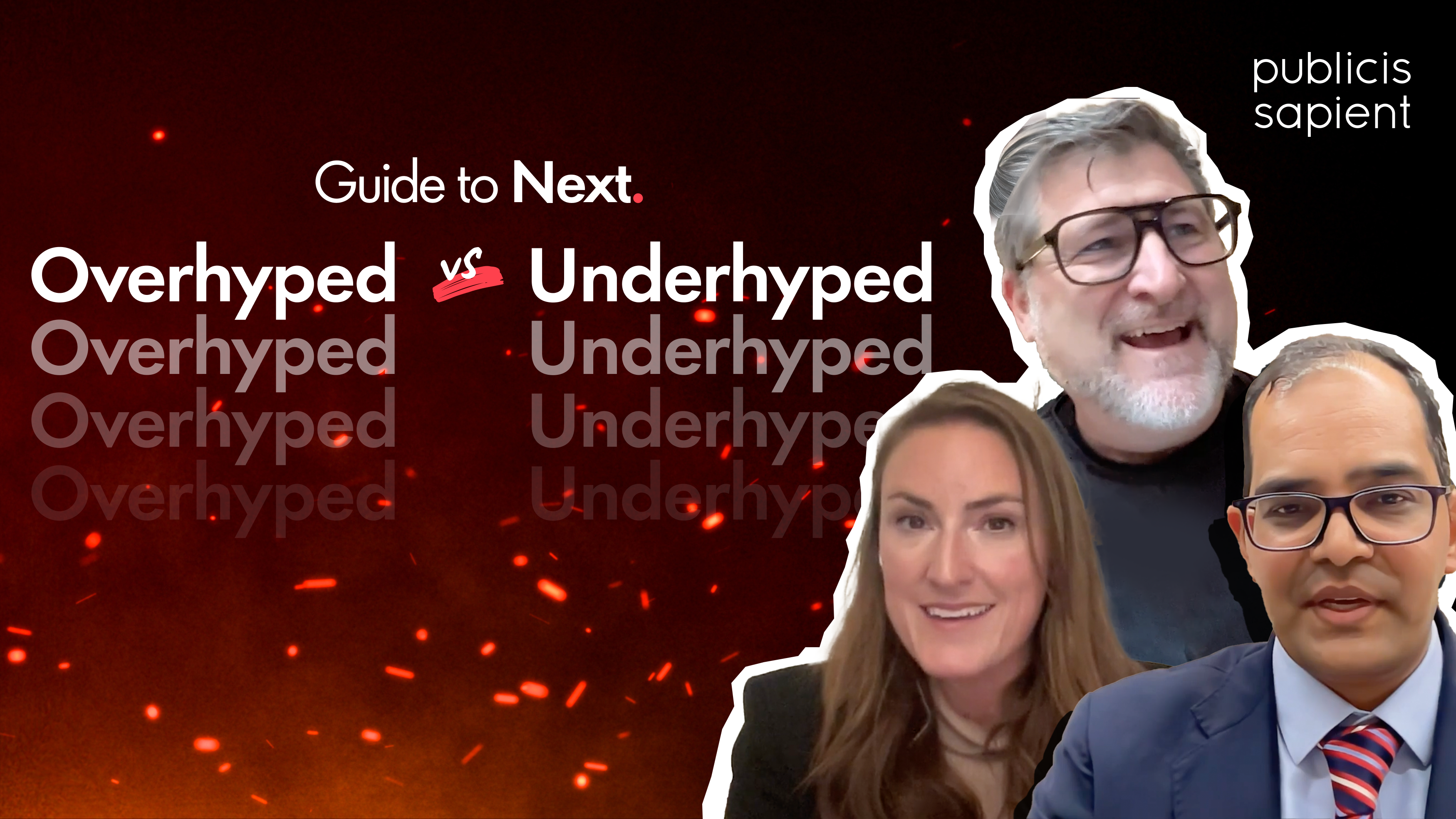 The words overhyped and underhyped are repeated and overlapping on a backdrop of red sparks.