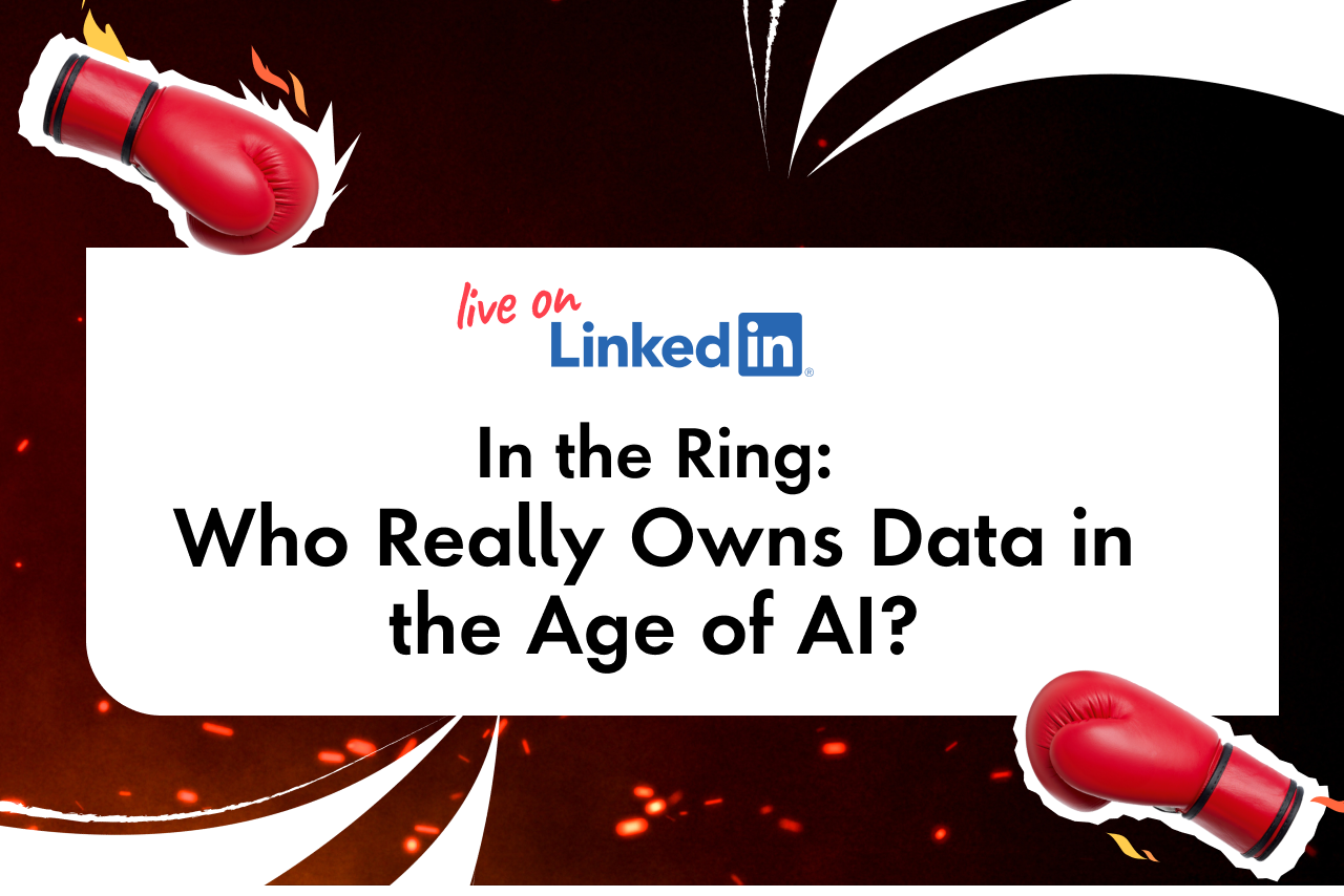 In the ring, Who Really Owns Data in the Age of AI? appears against a boxing red backdrop.